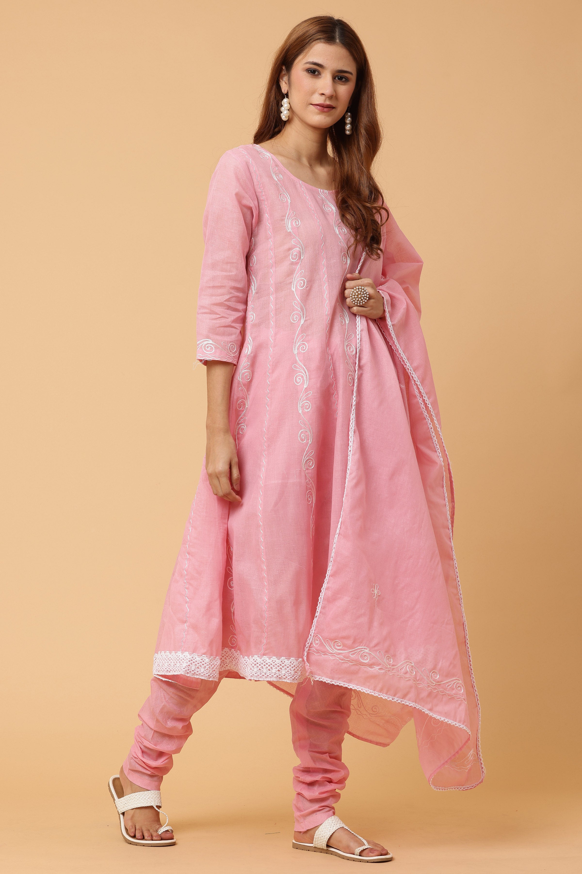 Kaanchie Nanggia Pink Kalidar Emb Kurta Chudidar with Dupatta (Set of 3)