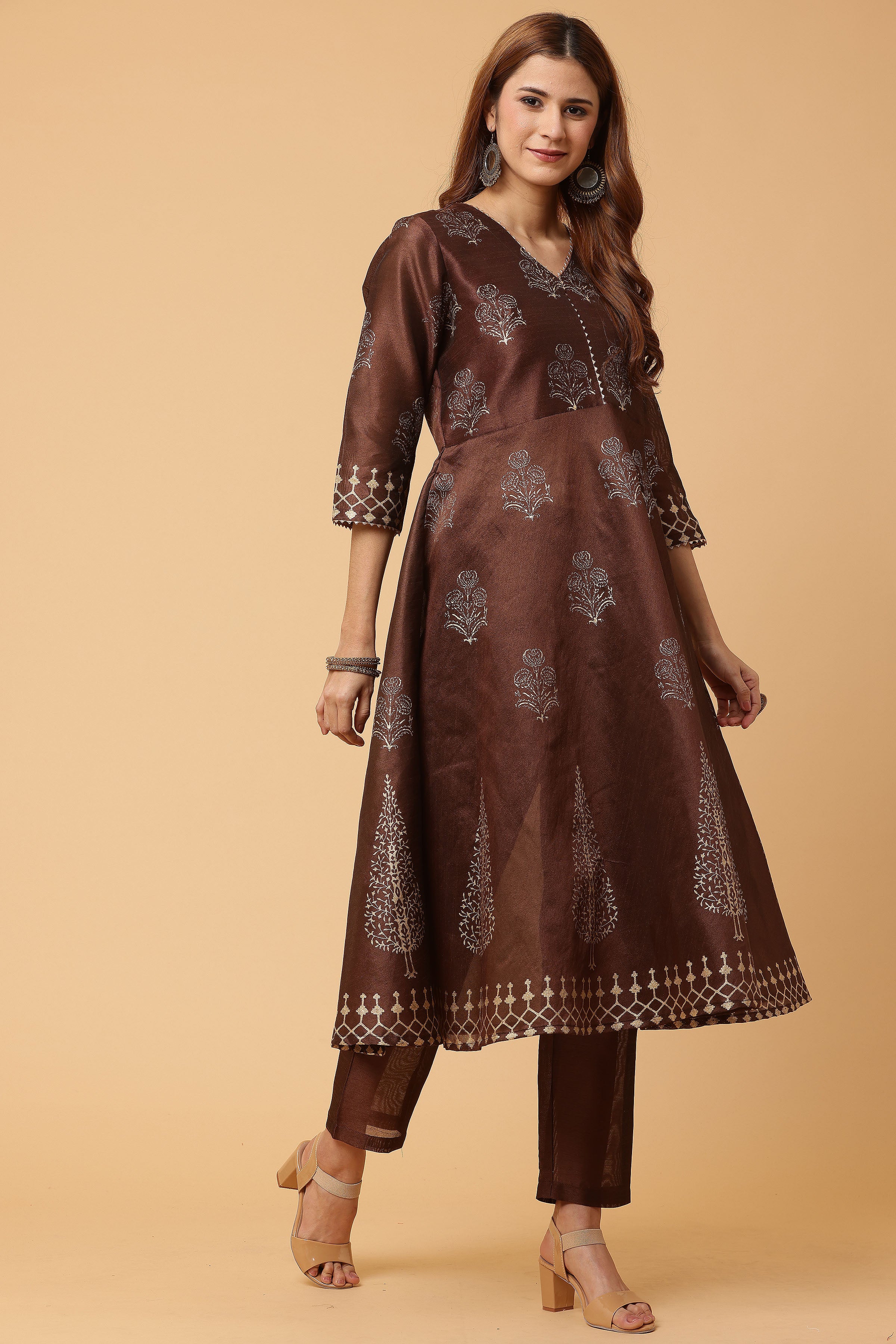 Kaanchie Nanggia Brown Flared Printed Kurta with Pant (Set of 2)