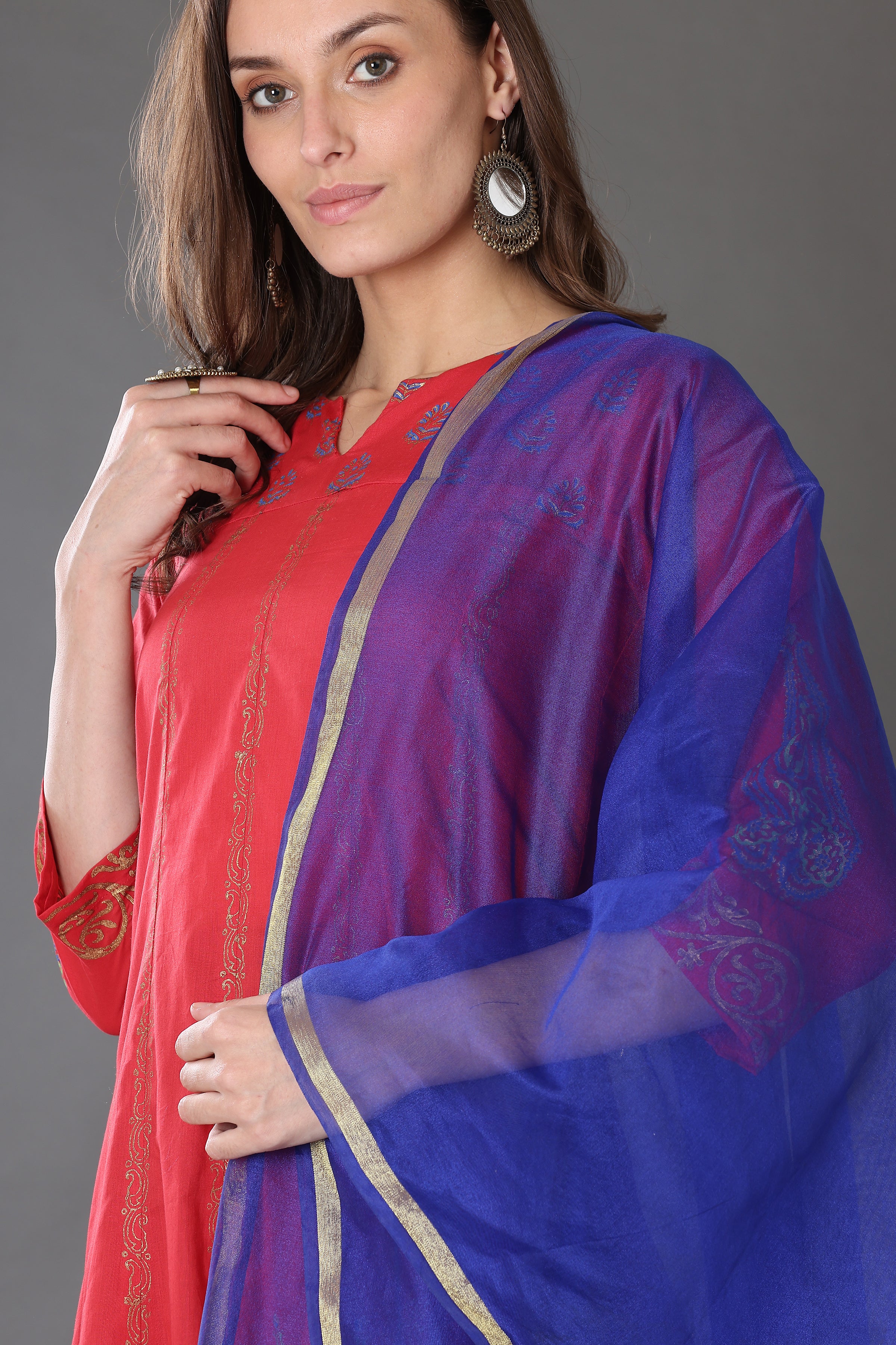 Kaanchie Nanggia Red Block Printed Anarkali with Leggings and Dupatta (Set of 3)