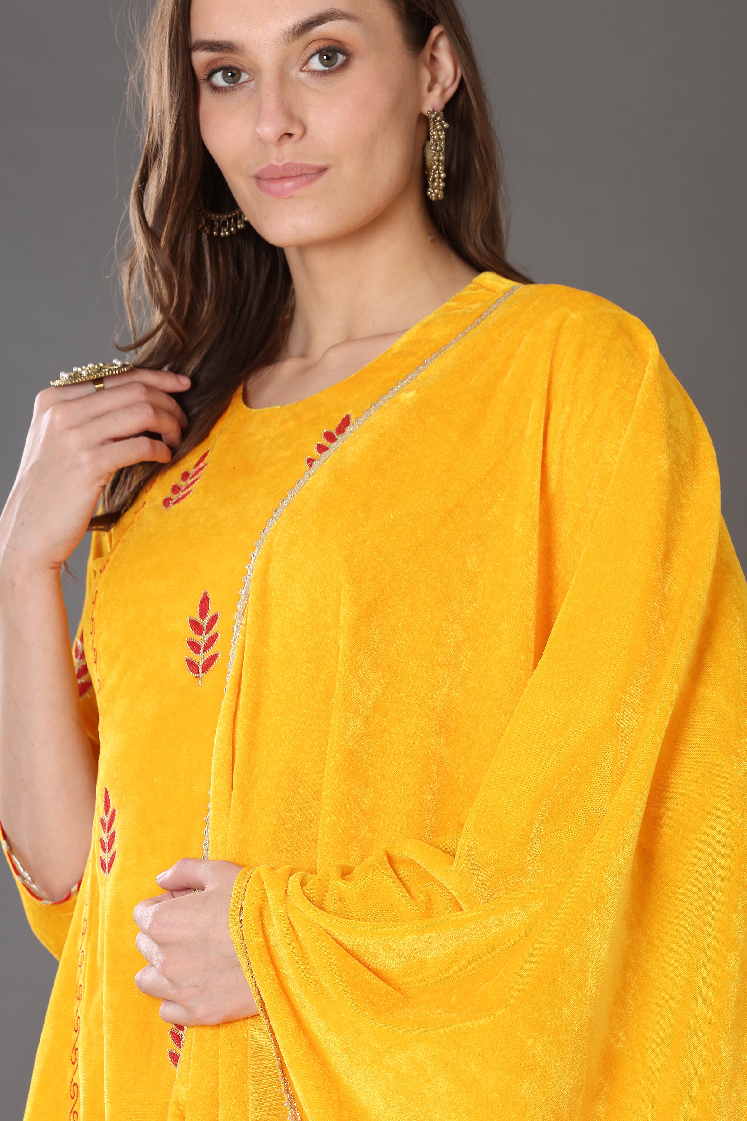 Kaanchie Nanggia Yellow Velvet Embroidered Kurta Palazzo and Dupatta (Set of 3)