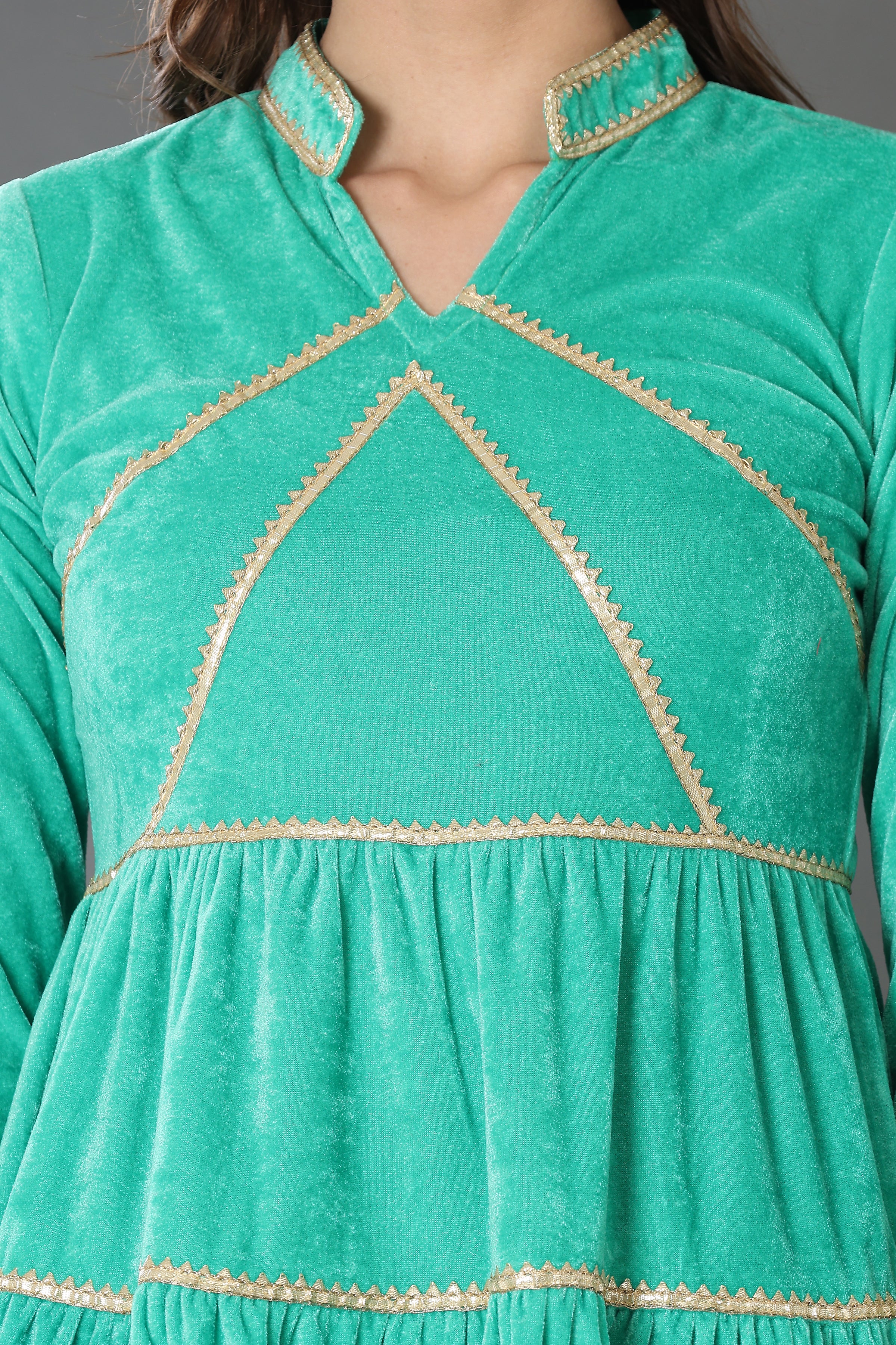 Kaanchie Nanggia Firoji Velvet with Gota Patti Work Flared Kurta Palazzo & Dupatta (Set of 3)