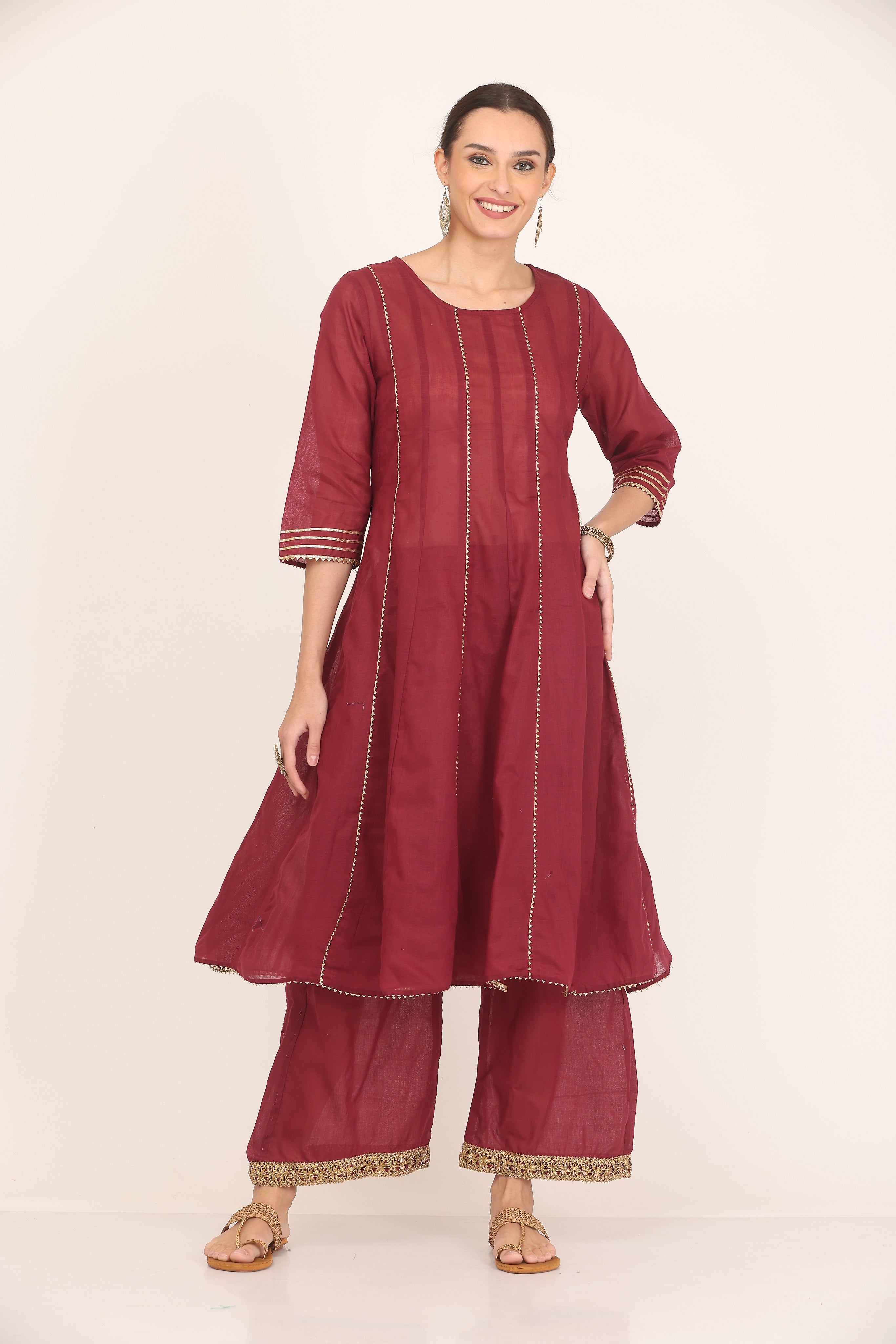 Kaanchie Nanggia Maroon Gota Work Kurta Palazzo with Dupatta (Set of 3)