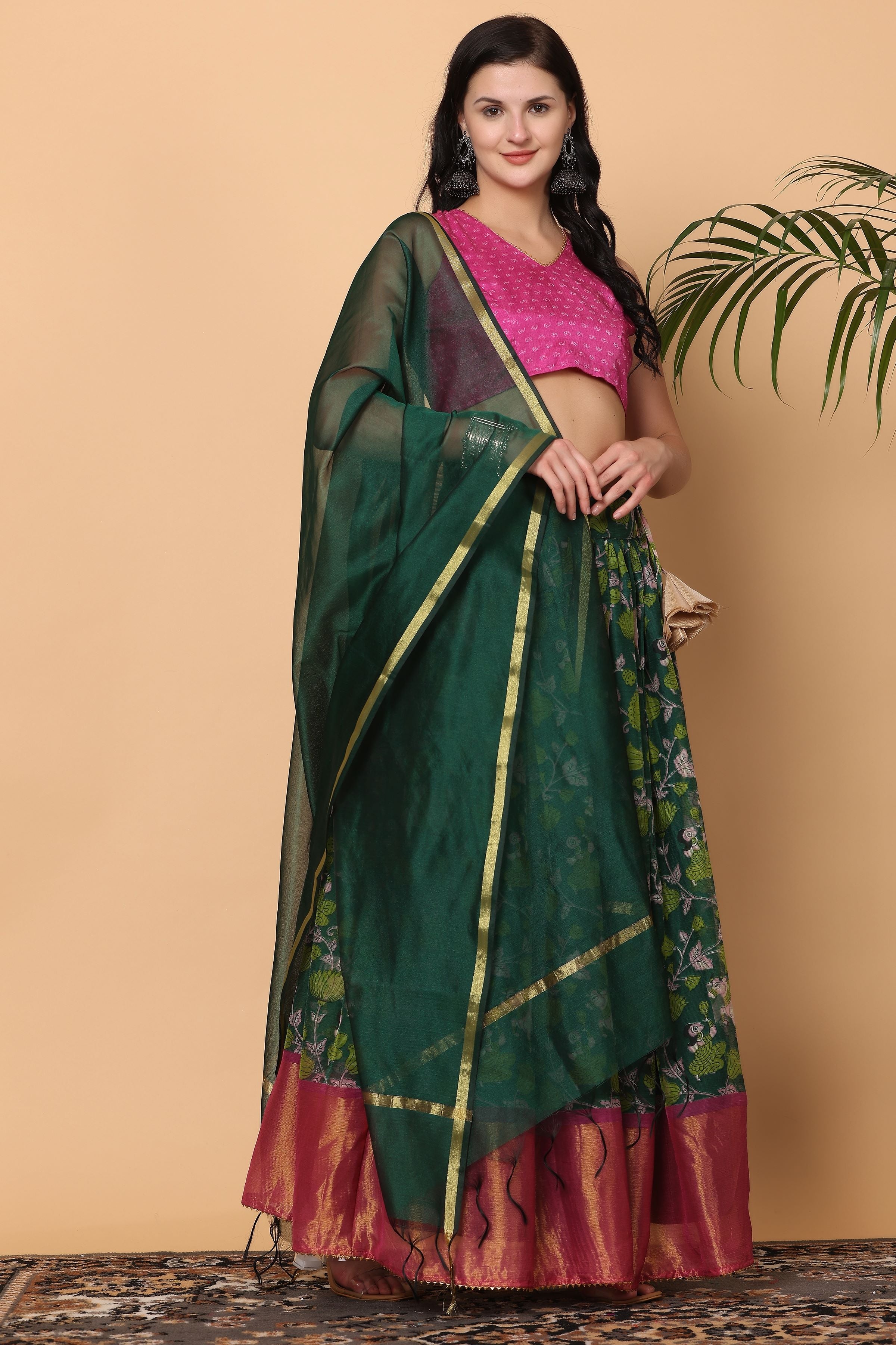 Kaanchie Nanggia Pink Green Lehenga with Blouse and Dupatta (Set of 3)