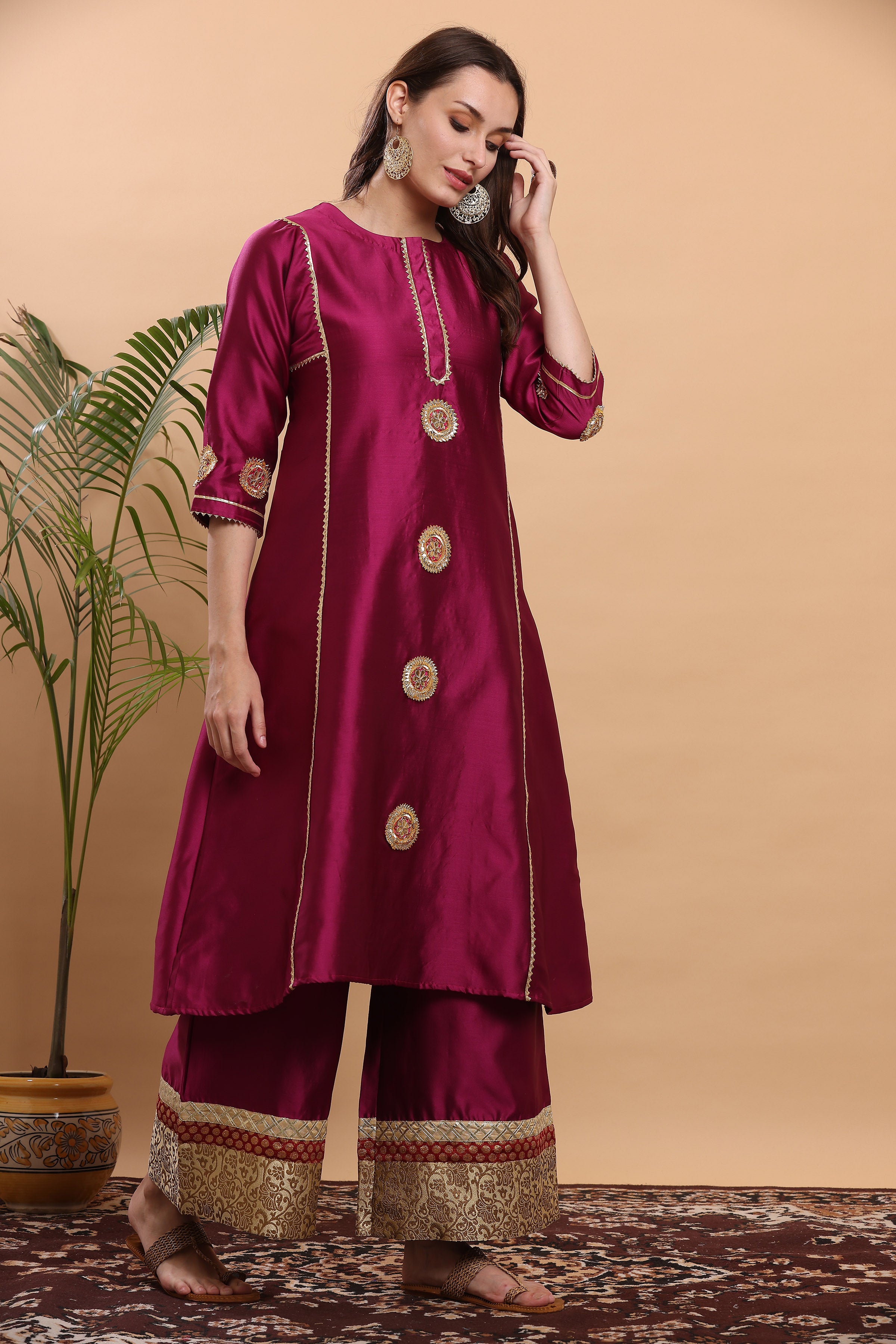 Kaanchie Nanggia Dark Pink Flayred Gota Work Kurta Palazzo (Set of 2)