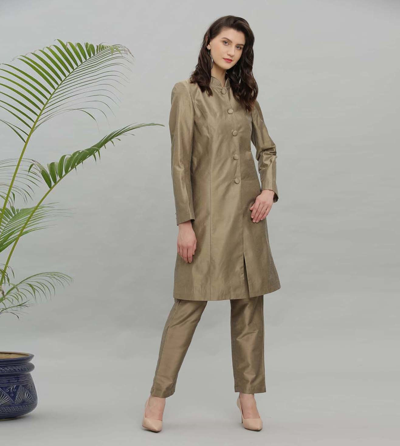 Kaanchie Nanggia Mud Brown Solid Jacket Kurta And Pant - (Set of 2)