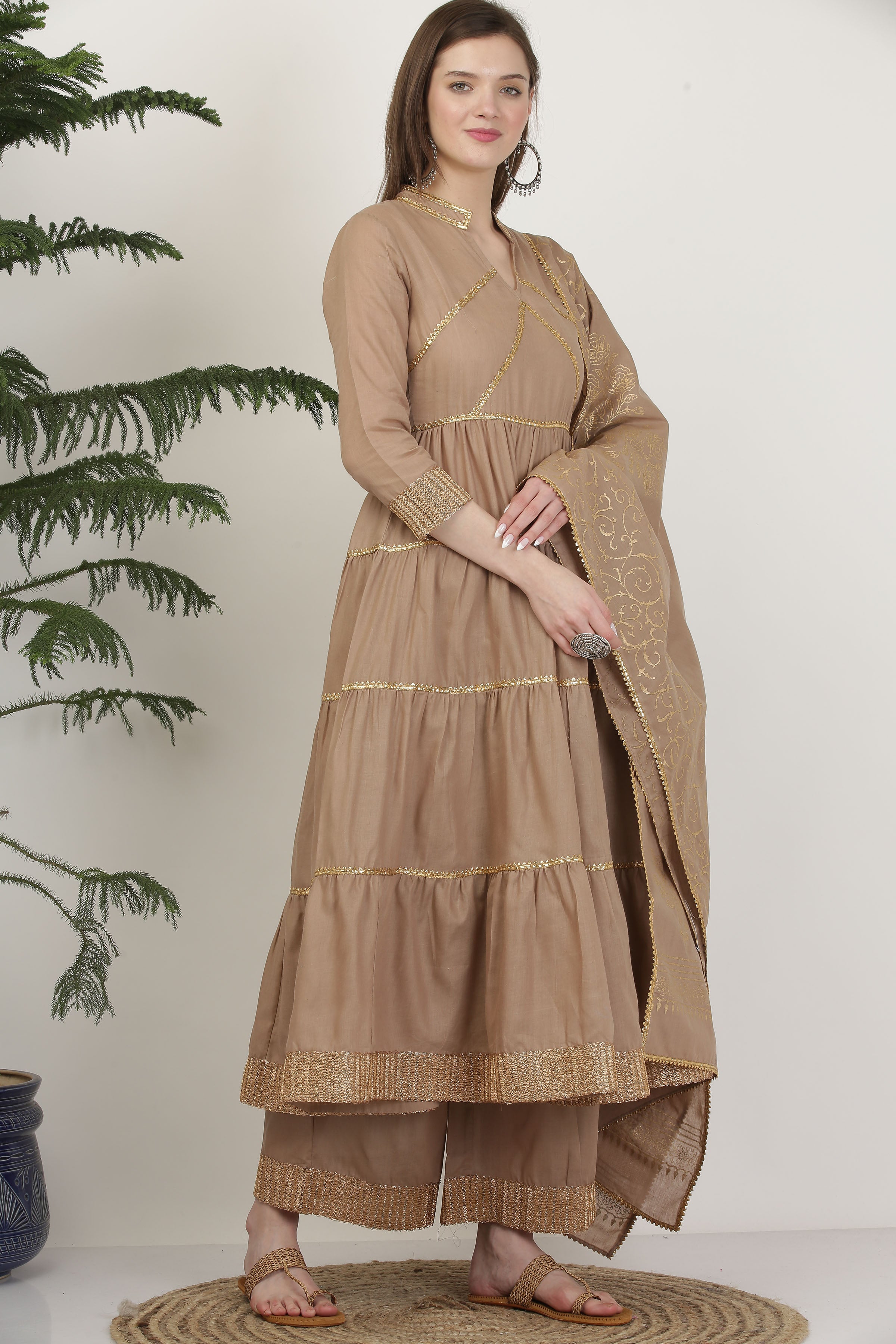 Kaanchie Nanggia Cotton Brown Gota Work Suit (Set of 3)