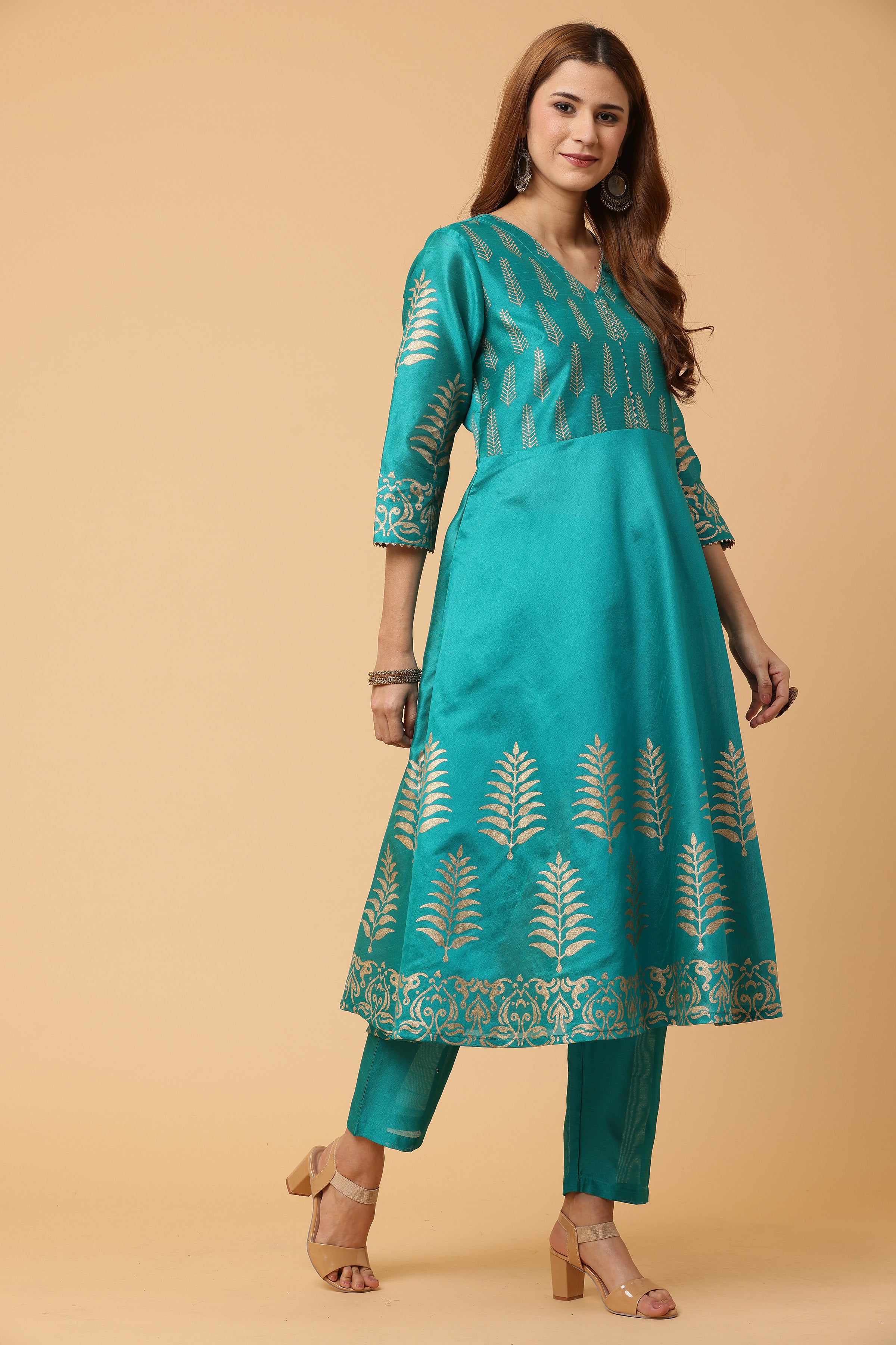 Kaanchie Nanggia Teal Green Flared Printed Kurta with Pant (Set of 2)