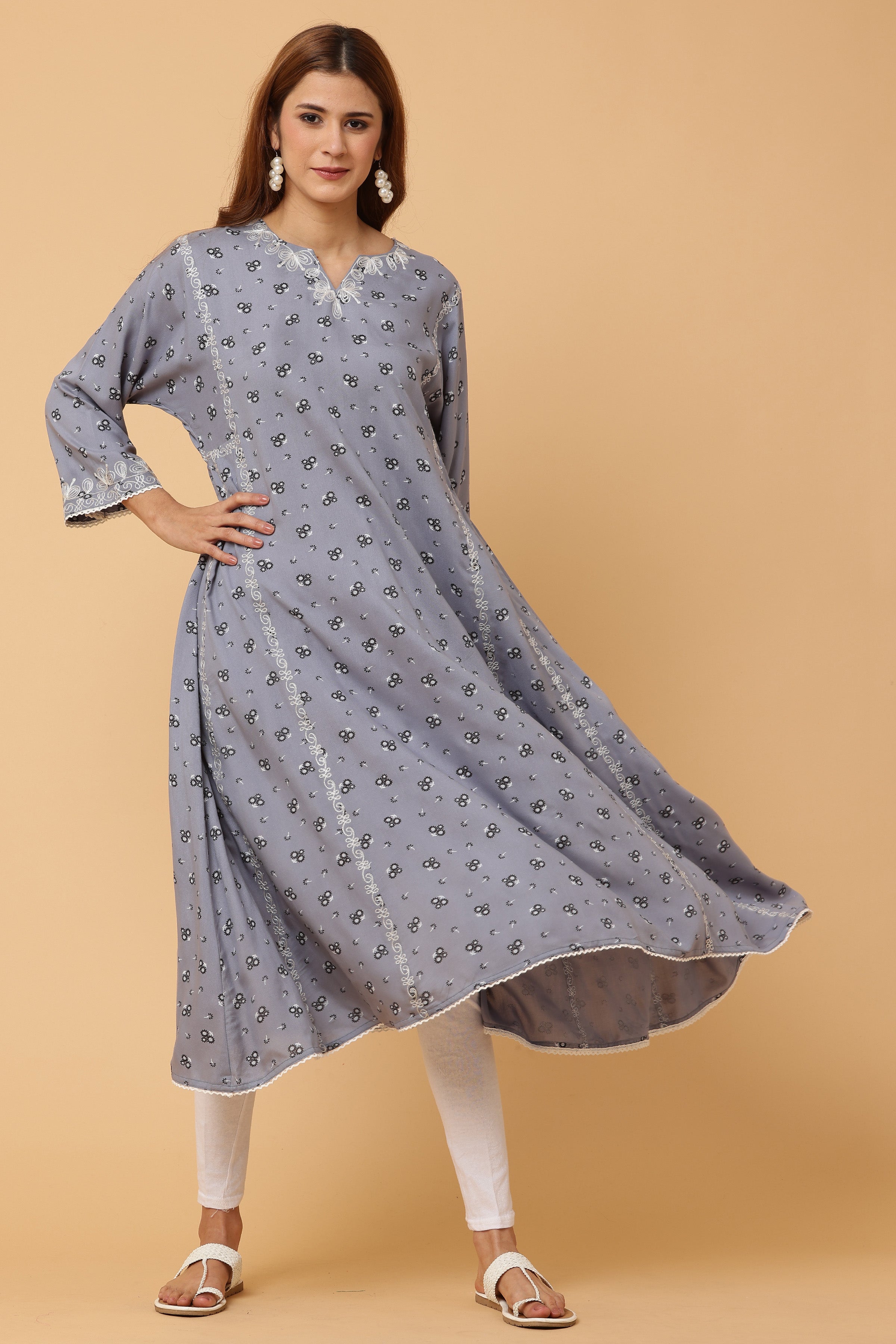 Kaanchie Nanggia Grey Embroidered Flared Kurta with Leggings (Set of 2)