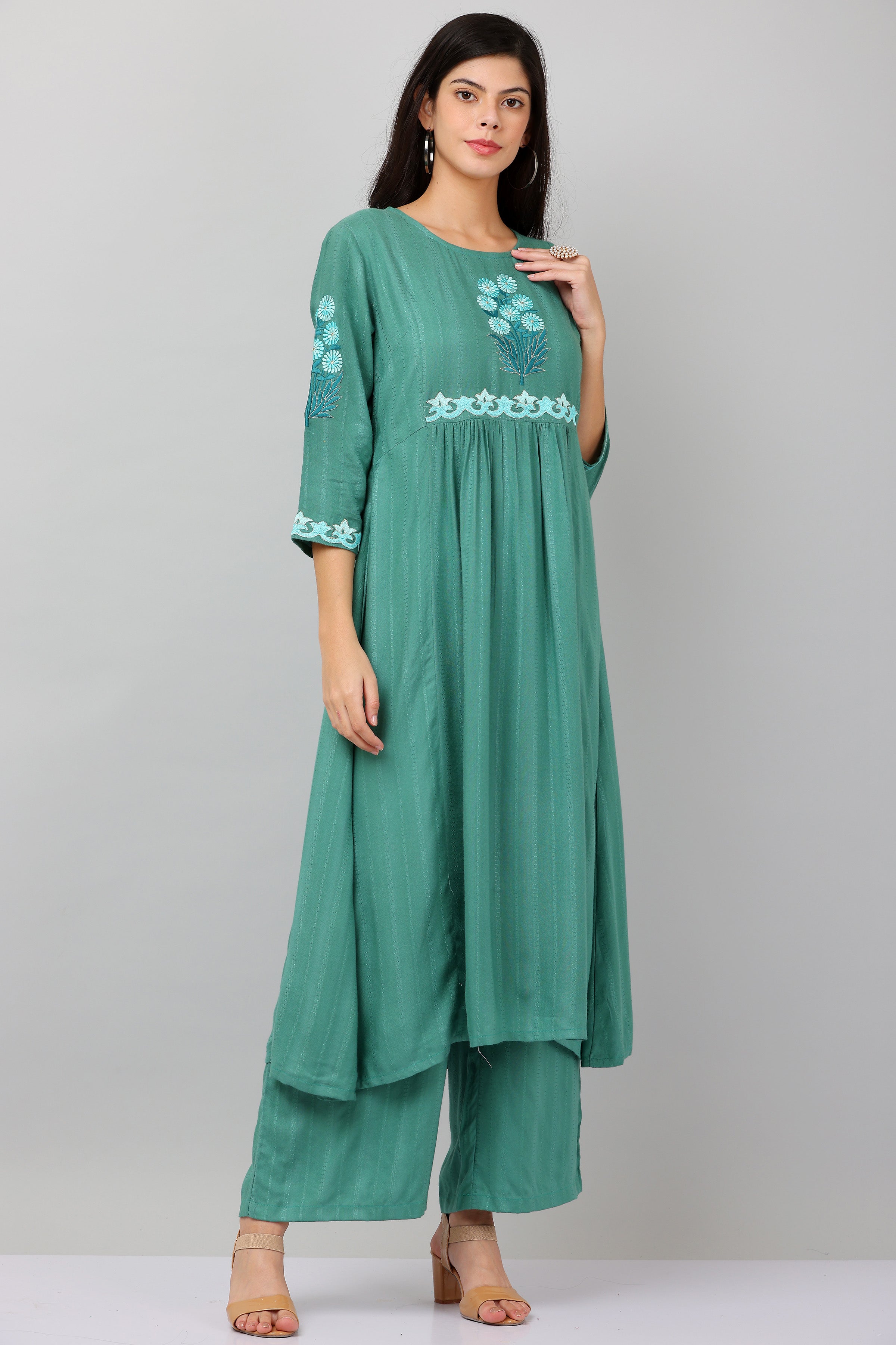 Kaanchie Nanggia Green Flared Kurta & Palazzo (Set of 2)