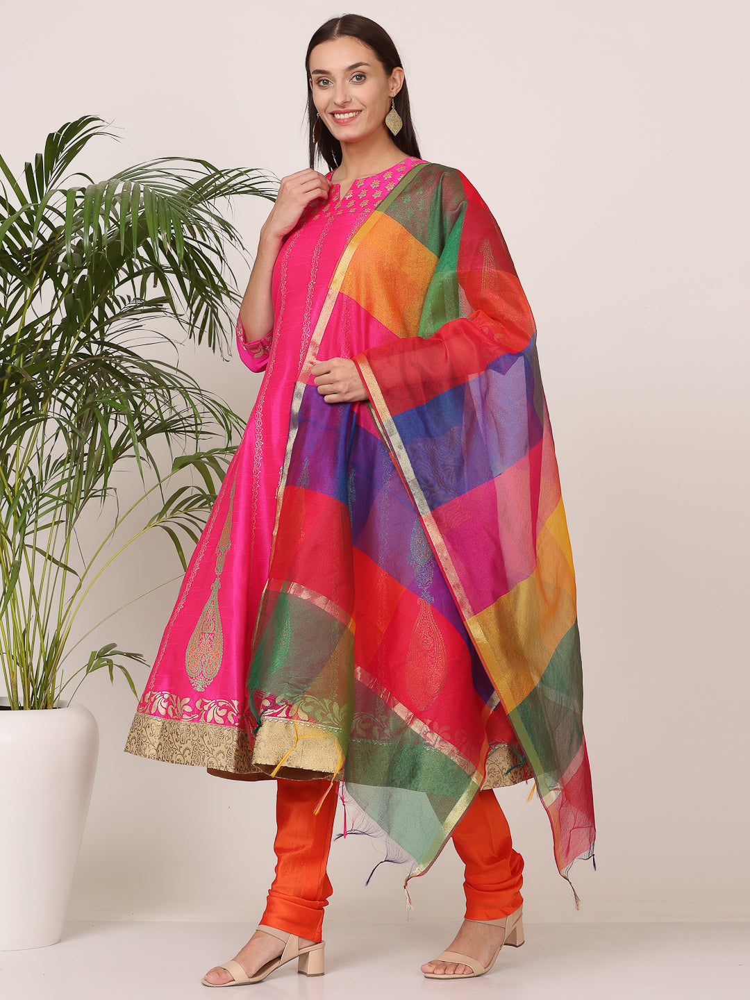 Kaanchie Nanggia Pink Silk Printed Anarkali Churidar with Dupatta (Set of 3)