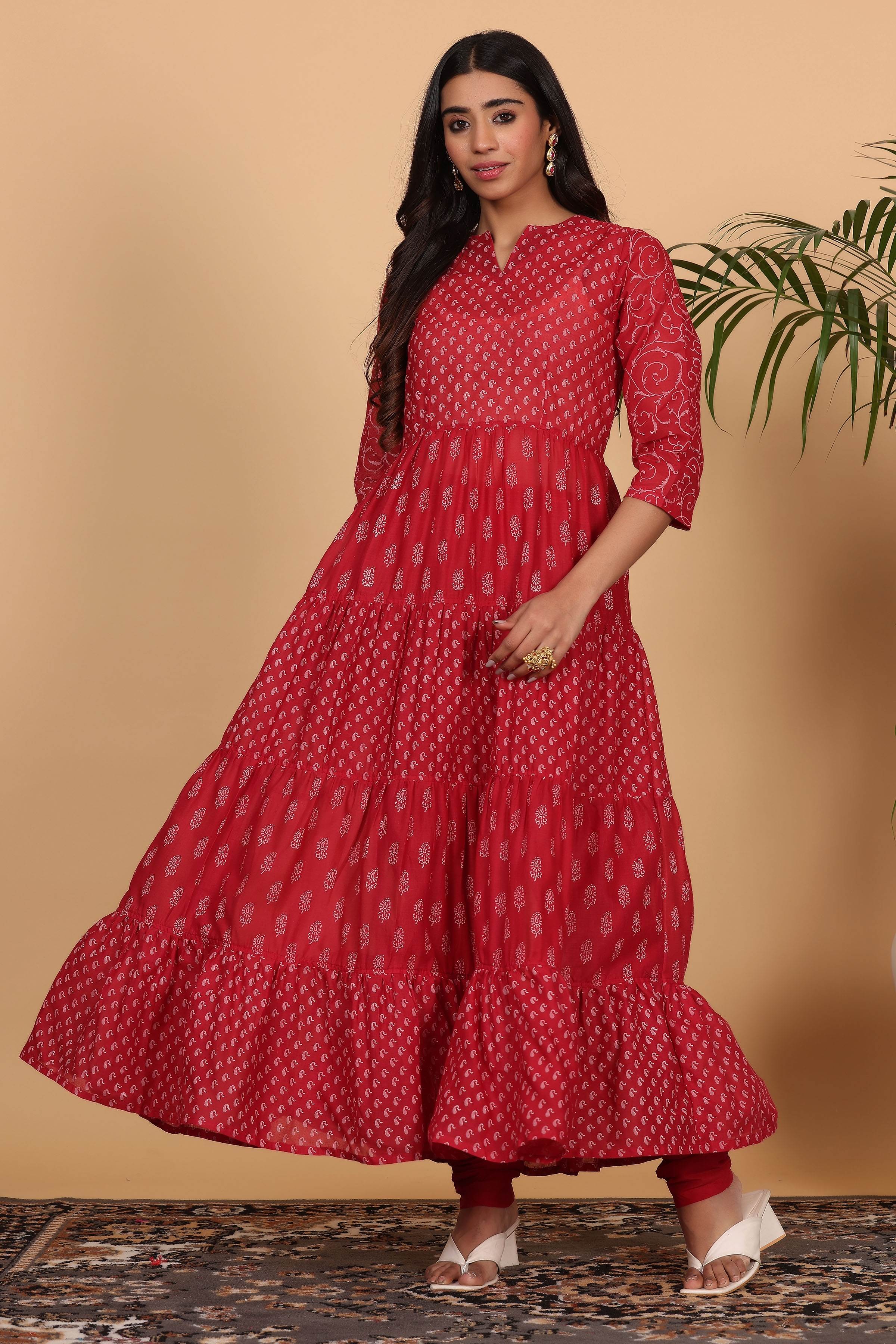 Kaanchie Nanggia Maroon Cotton Printed Anarkali Kurta Dupatta with Churidar (Set of 3)