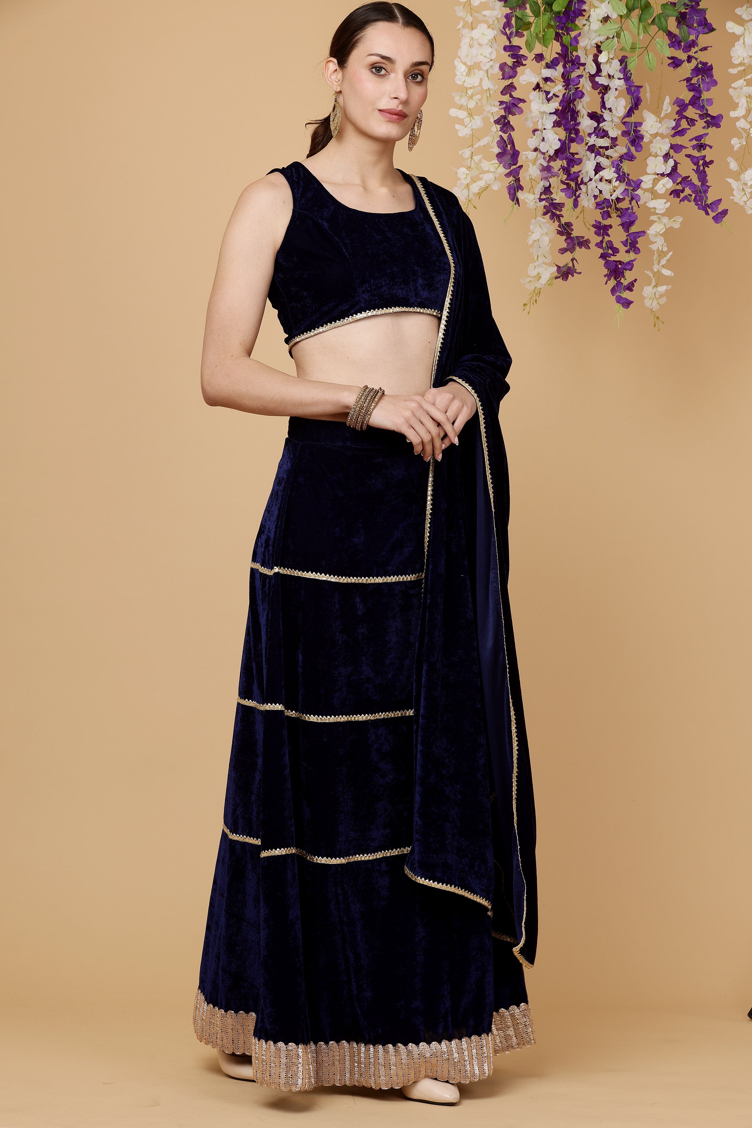 Kaanchie Nanggia Navy blue velvet skirt blouse with dupatta