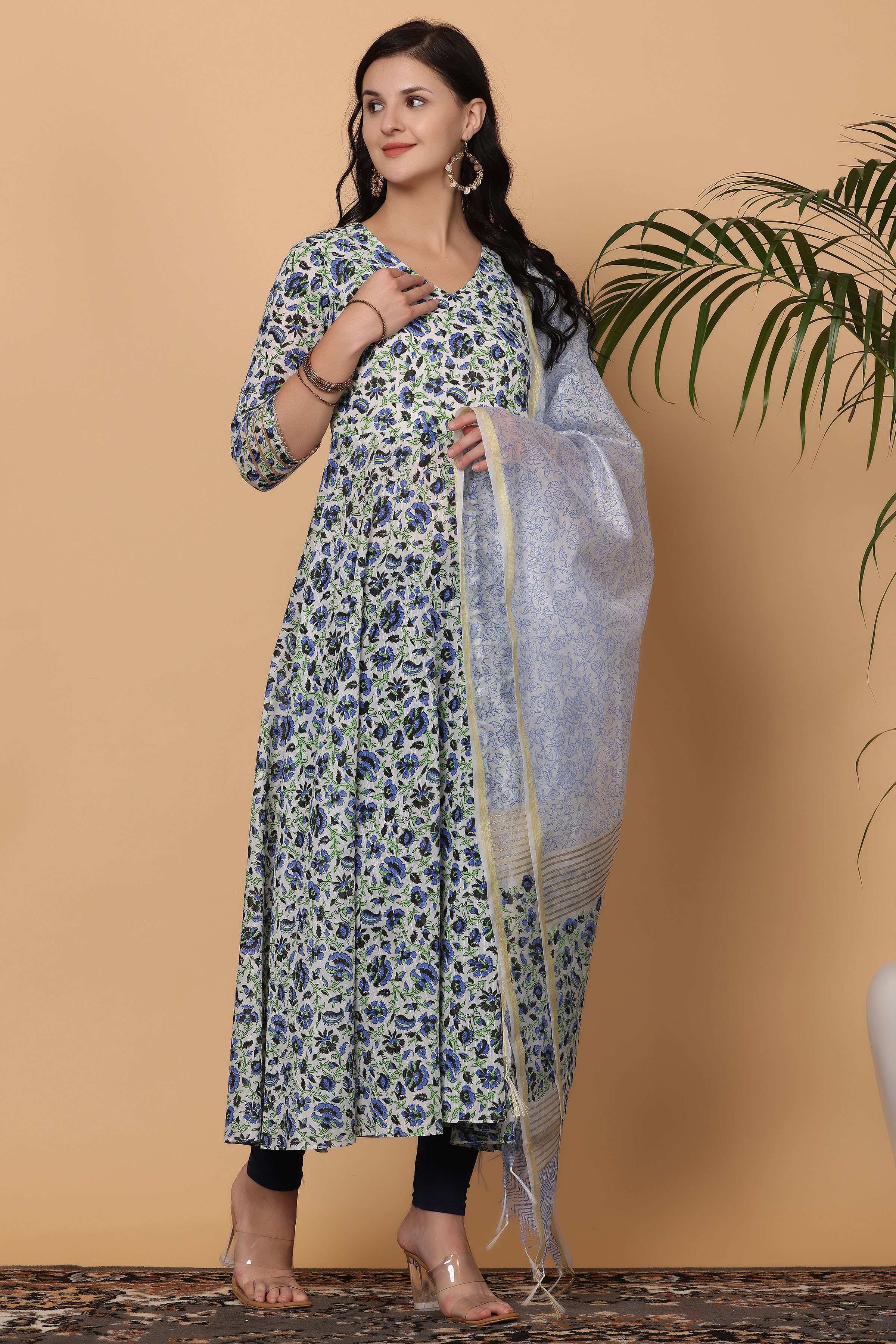 Kaanchie Nanggia Multi Cotton Printed Anarkali Kurta Dupatta with Leggings (Set of 3)