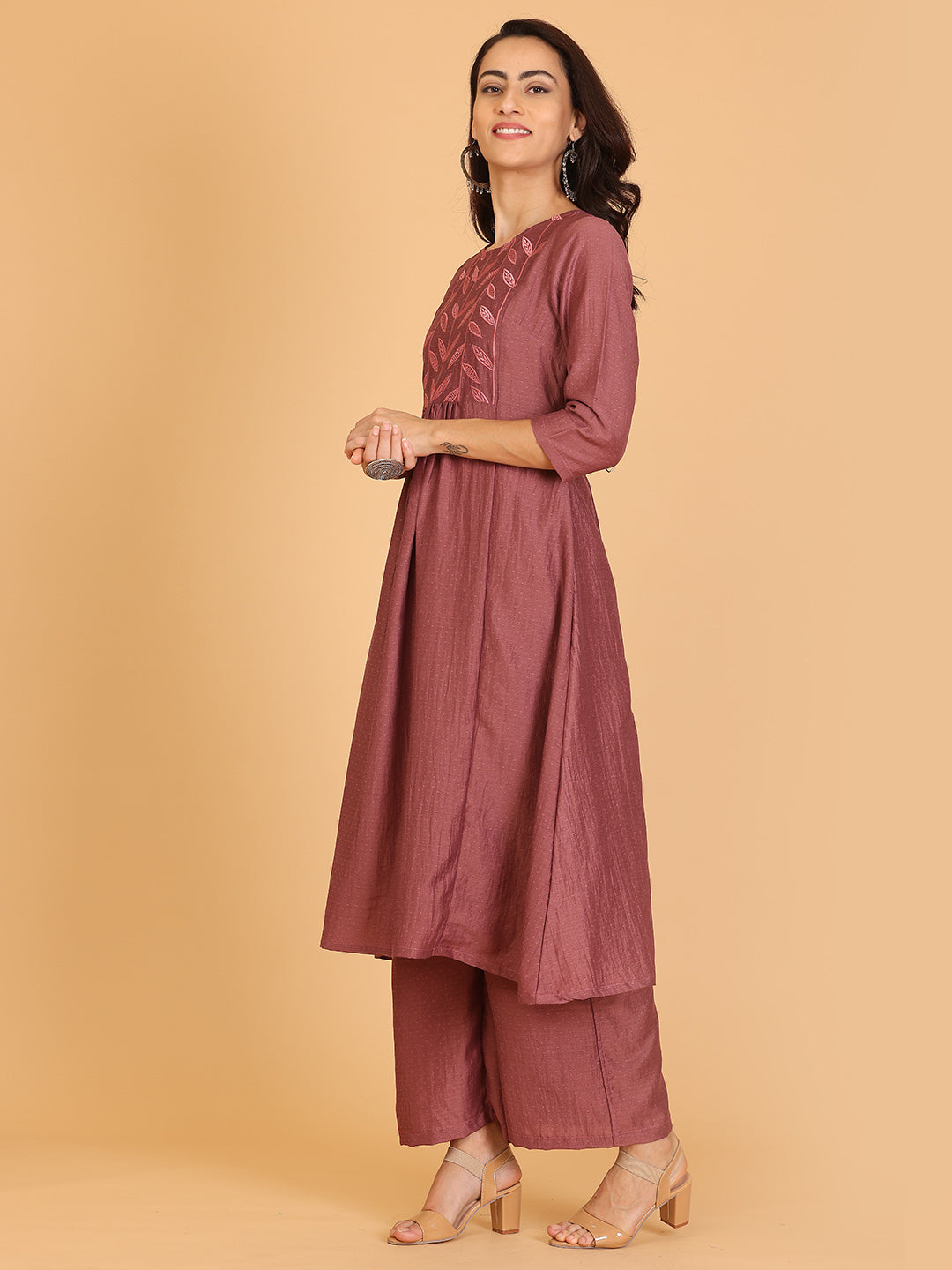 Kaanchie Nanggia Mauve Embroidered Flayred Kurta with Palazzo (Set of 2)