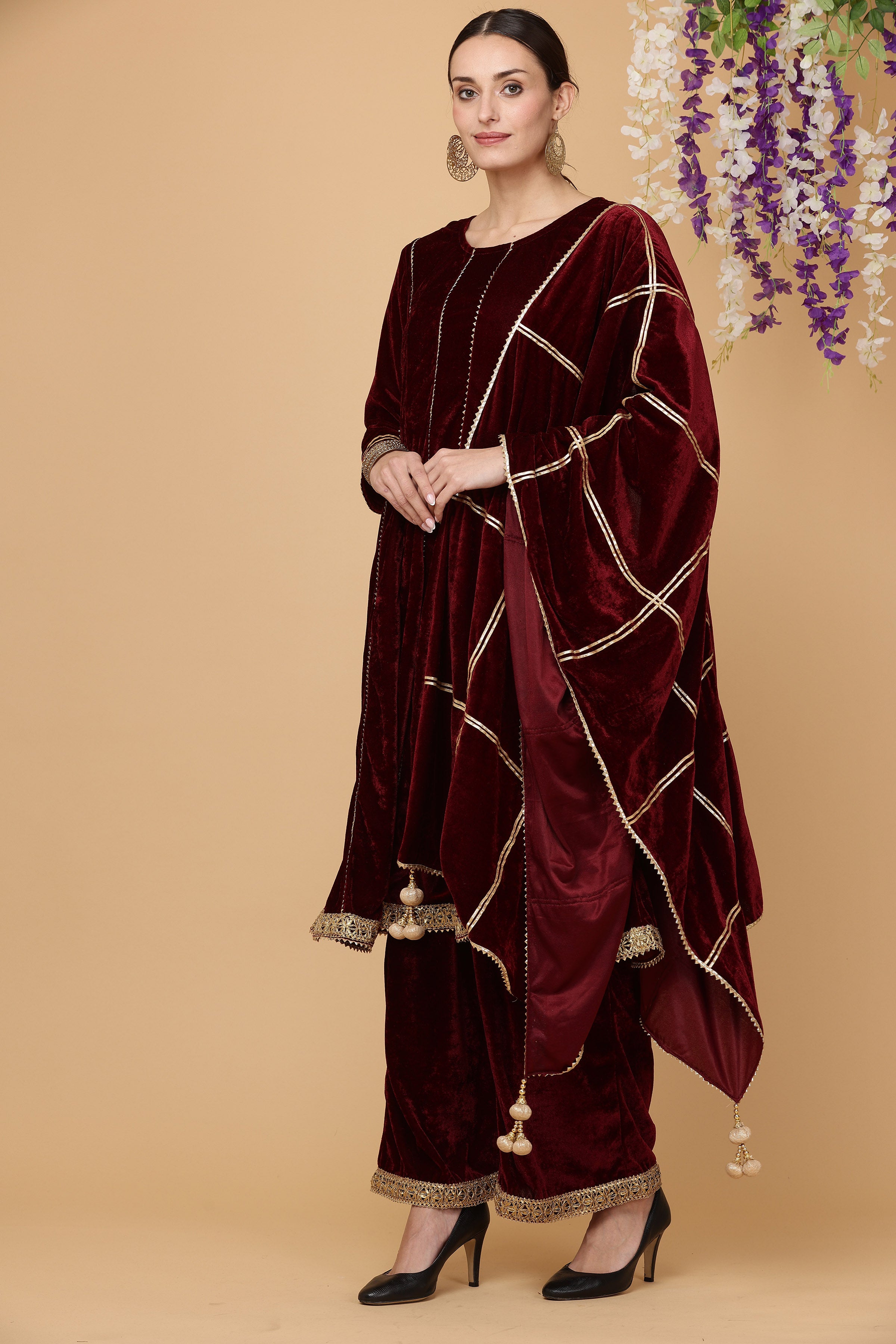 Kaanchie Nanggia Maroon kalidar kurta pallazo with dupatta