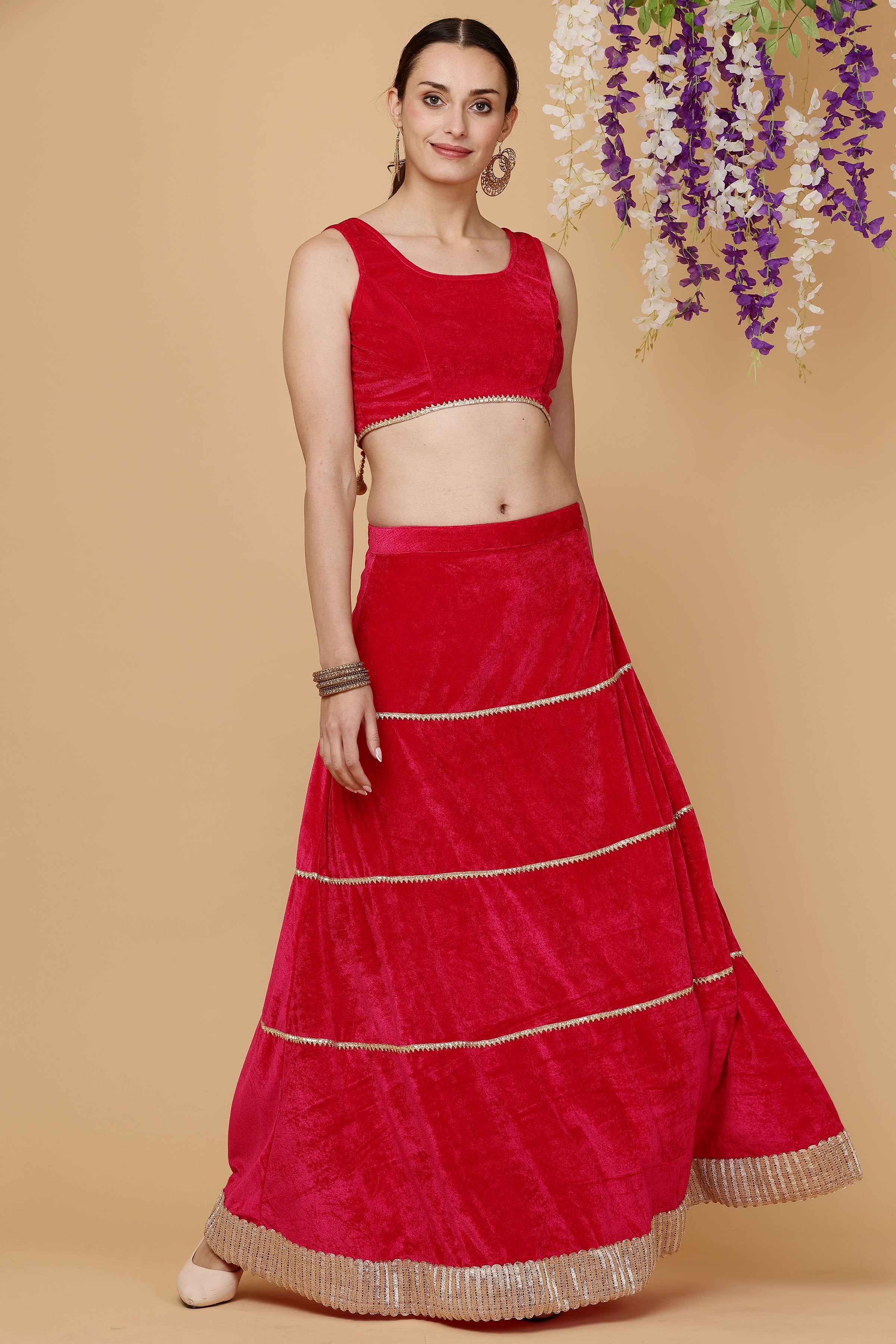 Kaanchie Nanggia Hot Pink Velvet Embroidered Lehenga Set (Set of 3)