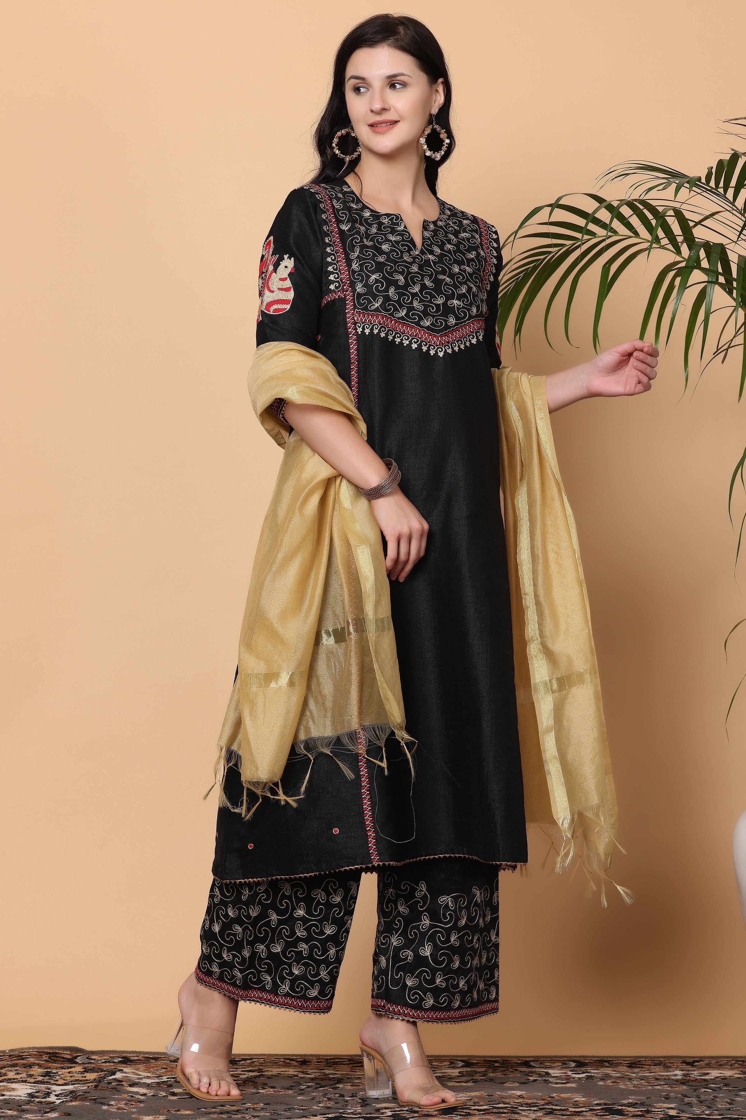 Kaanchie Nanggia Black Embroidered Kurta Palazzo with Gold Dupatta (Set of 3)