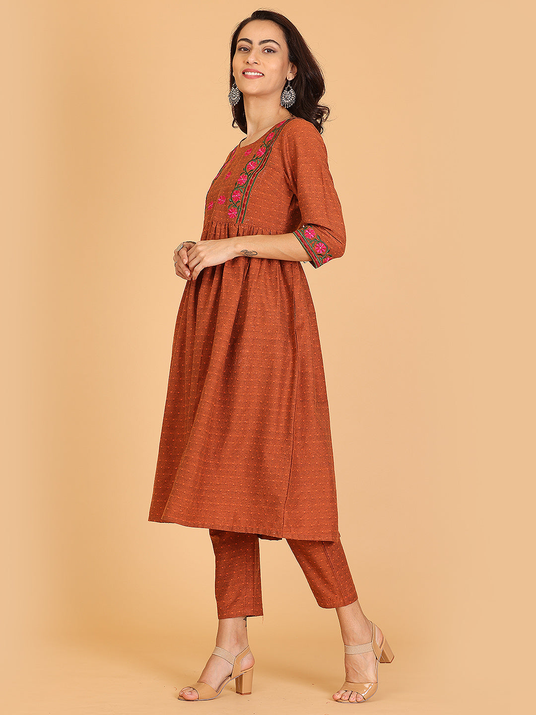 Kaanchie Nanggia Brown Embroidered Flayred Kurta with Pant (Set of 2)