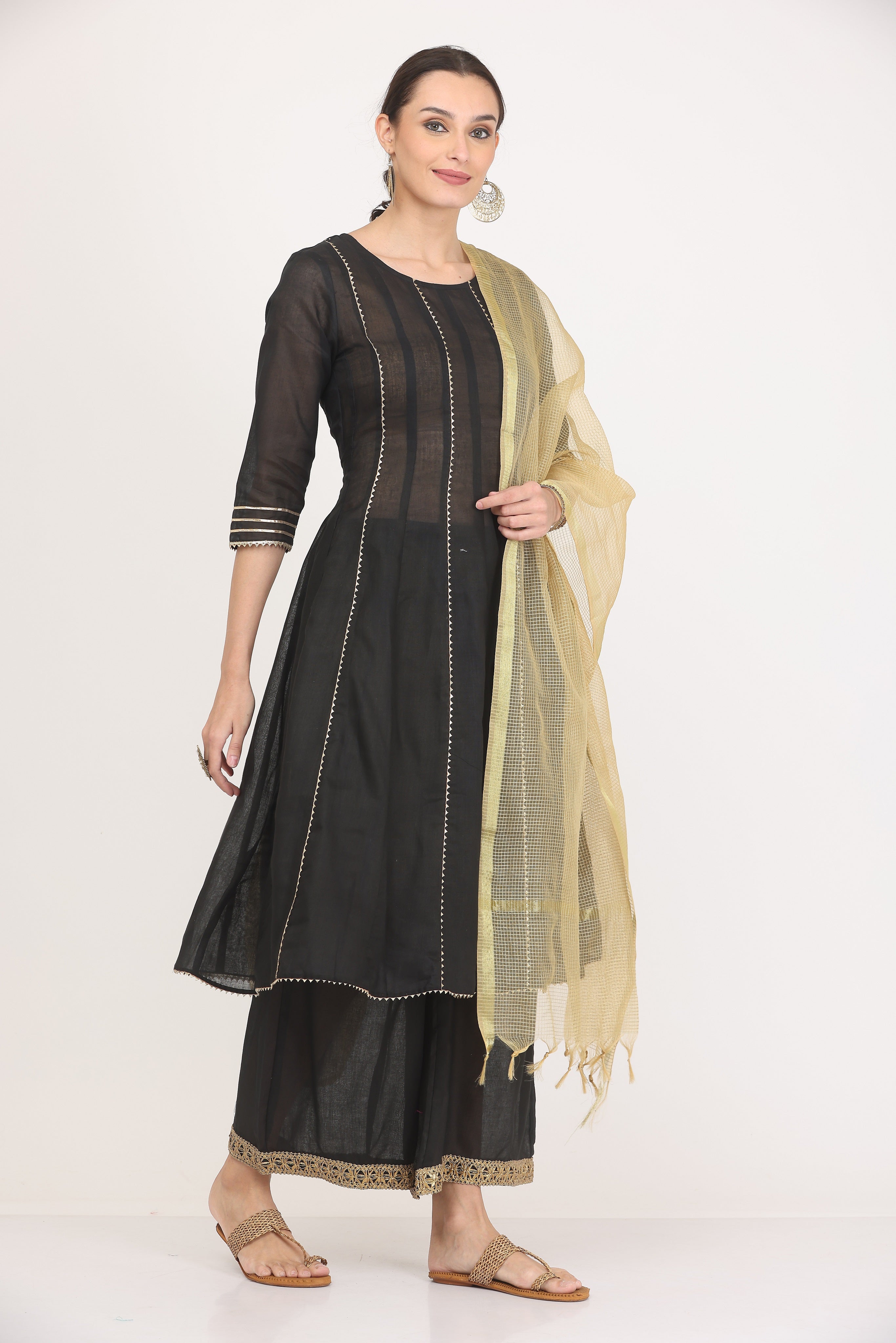 Kaanchie Nanggia Black Gota Work Kurta Palazzo with Dupatta (Set of 3)