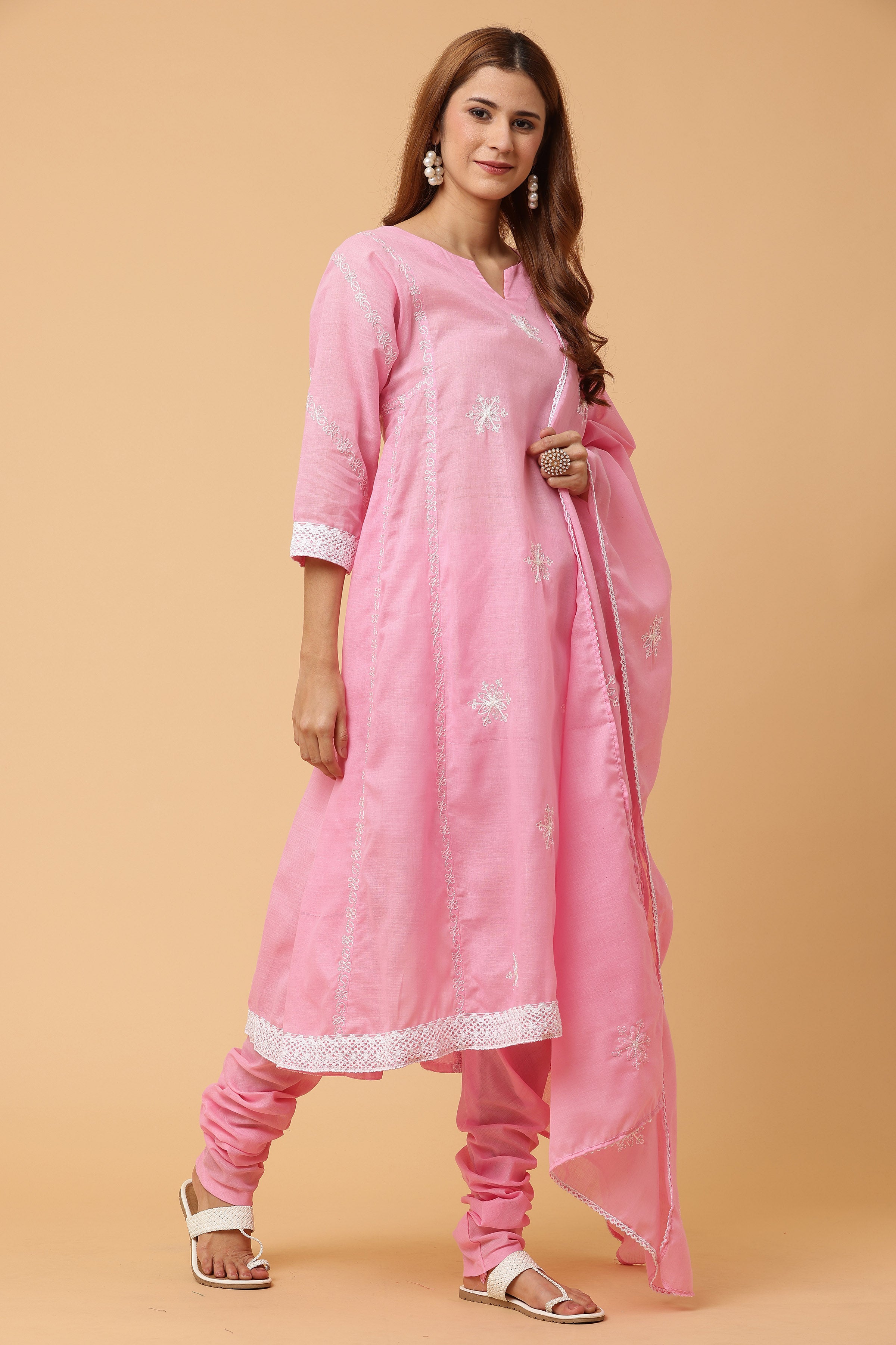 Kaanchie Nanggia Pink Kalidar Embroidered Kurta Chudidar with Dupatta (Set of 3)