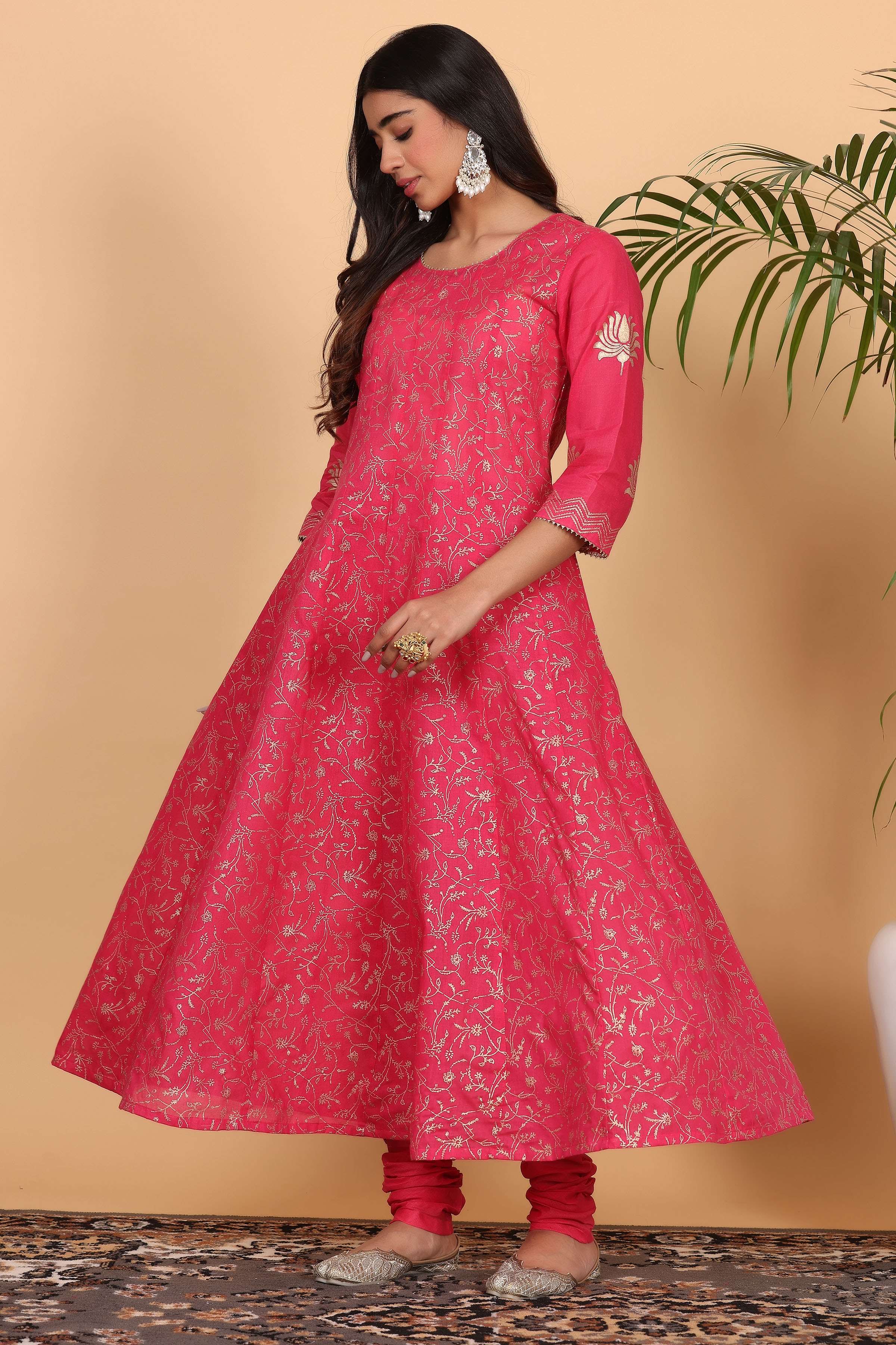 Kaanchie Nanggia Pink Printed Kalidar Kurta Dupatta with Churidar (Set of 3)