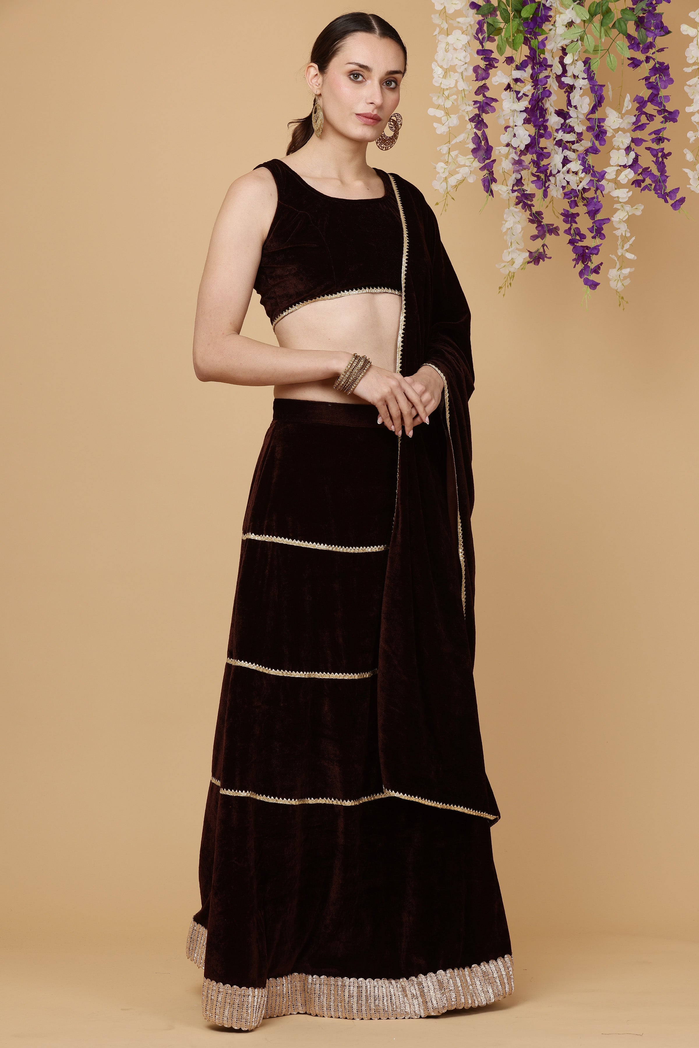 Kaanchie Nanggia Brown velvet skirt blouse with dupatta