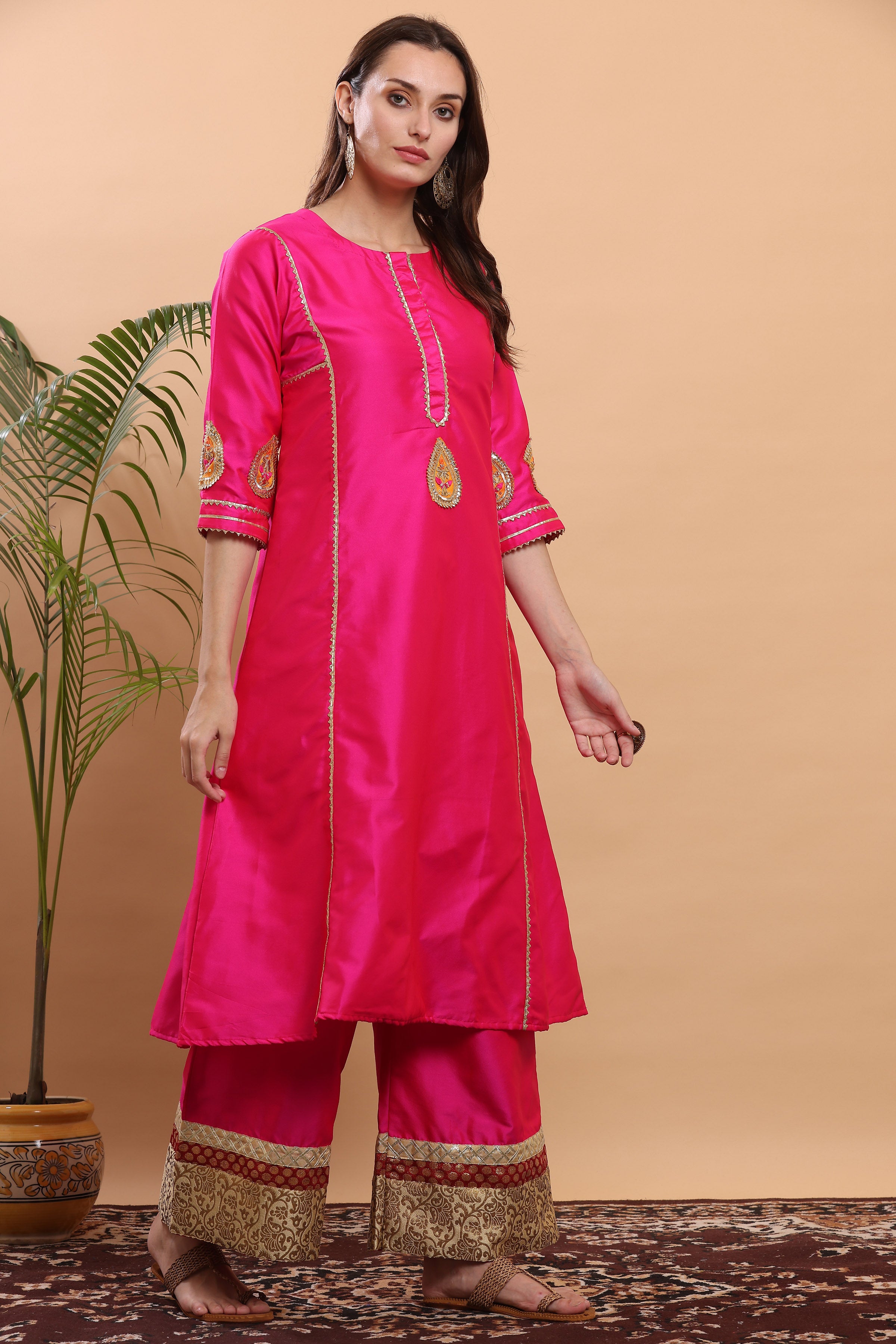 Kaanchie Nanggia Pink Flayred Gota Work Kurta Palazzo (Set of 2)
