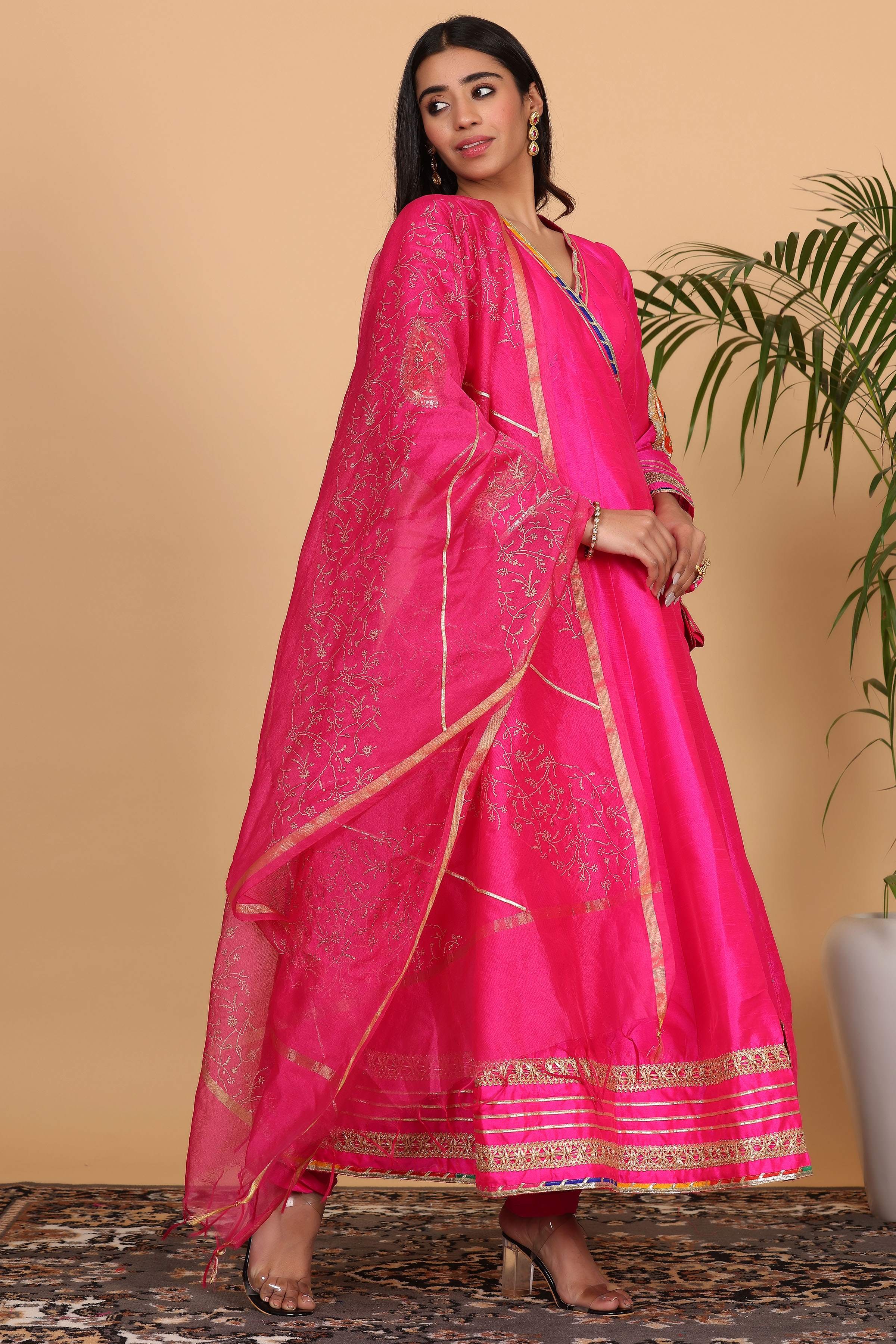 Kaanchie Nanggia Pink Silk Gota Work Anarkali Kurta Printed Dupatta with Churidar (Set of 3)