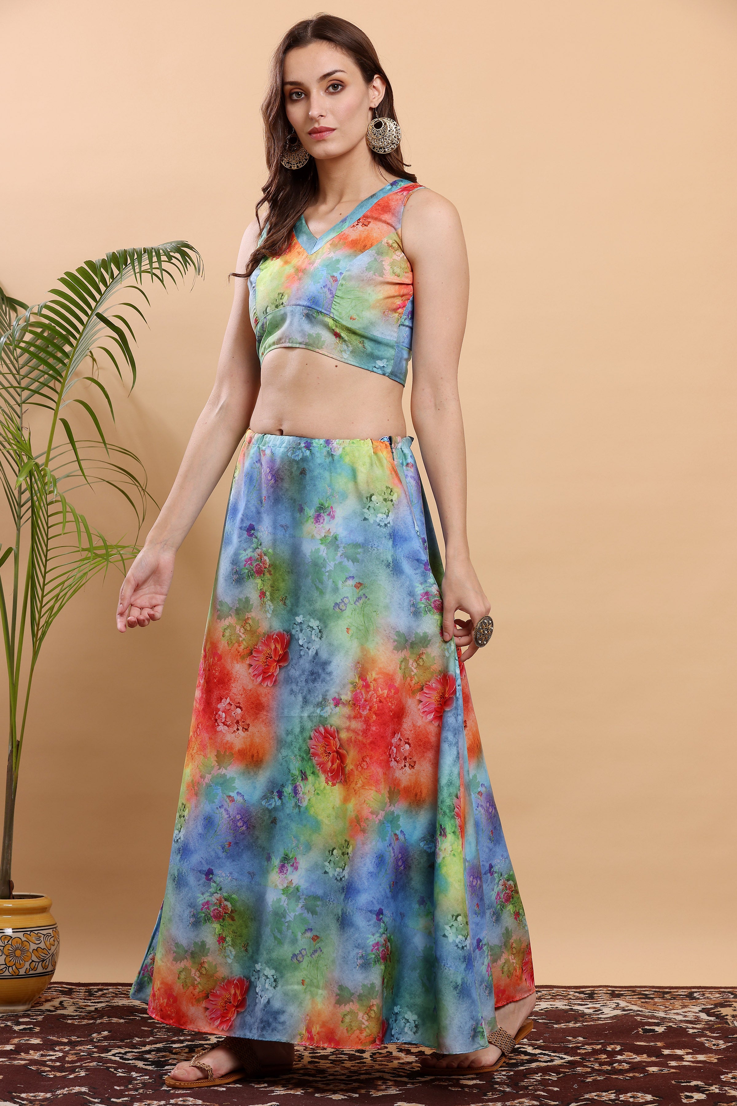 Kaanchie Nanggia Blue & Orange Printed Ready to Wear Lehenga & Choli (Set of 2)