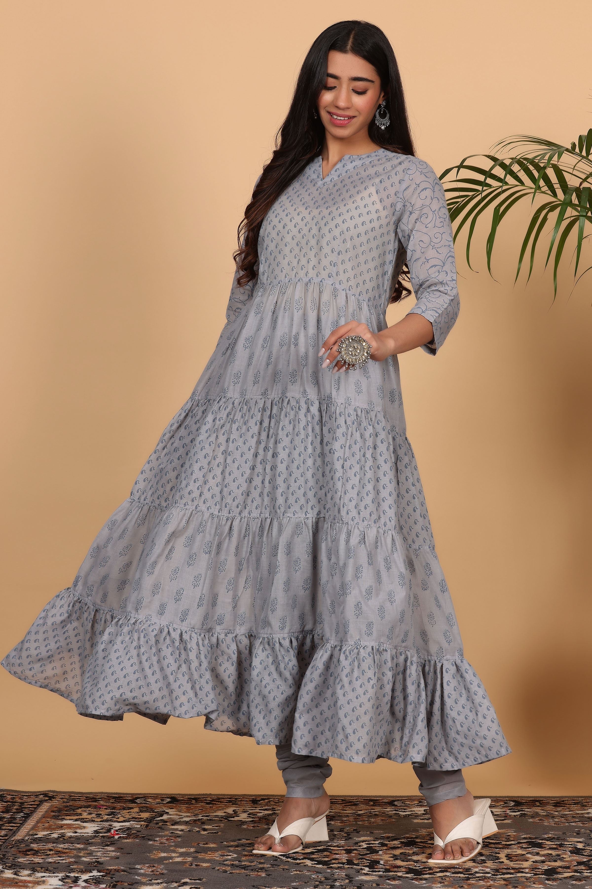 Kaanchie Nanggia Grey Cotton Printed Anarkali Kurta Dupatta with Churidar (Set of 3)