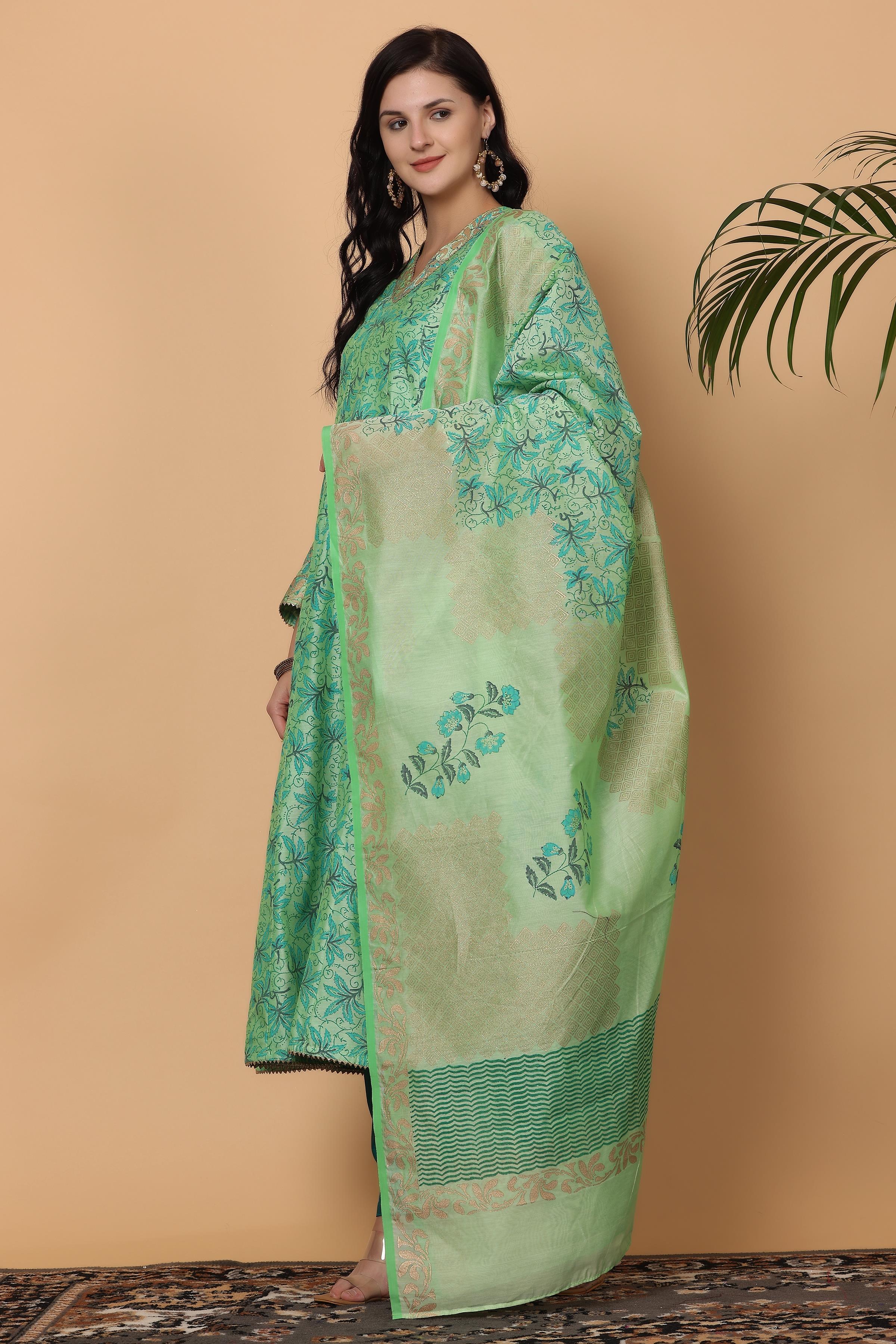 Kaanchie Nanggia Green Chanderi Kalidar Printed Kurta Dupatta with Pants (Set of 3)