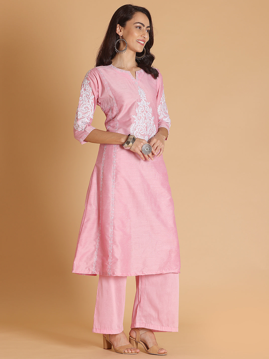 Kaanchie Nanggia Pink Embroidered Cotton Silk Flayred Kurta and Palazzo (Set of 2)