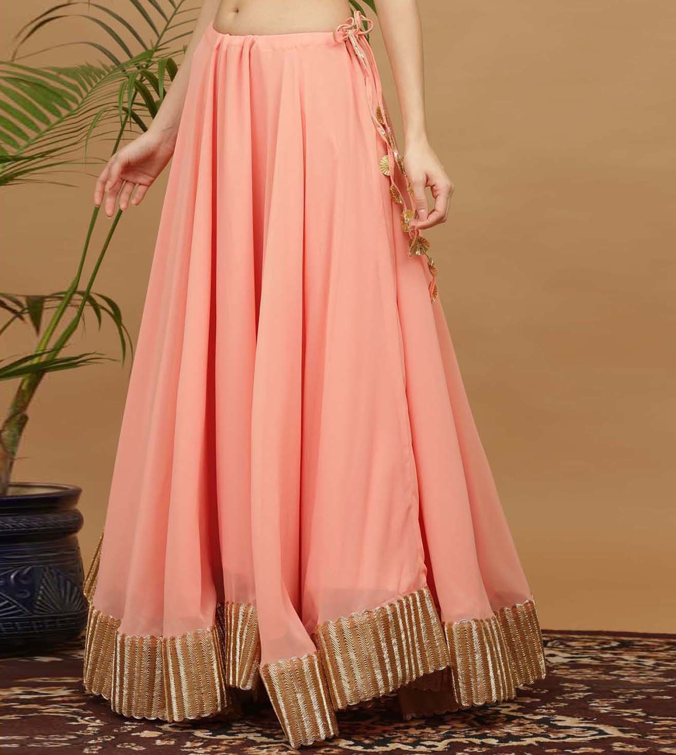 Kaanchie Nanggia Peach Embroidery Georgette Kurta with Skirt & Dupatta(Set of 3)