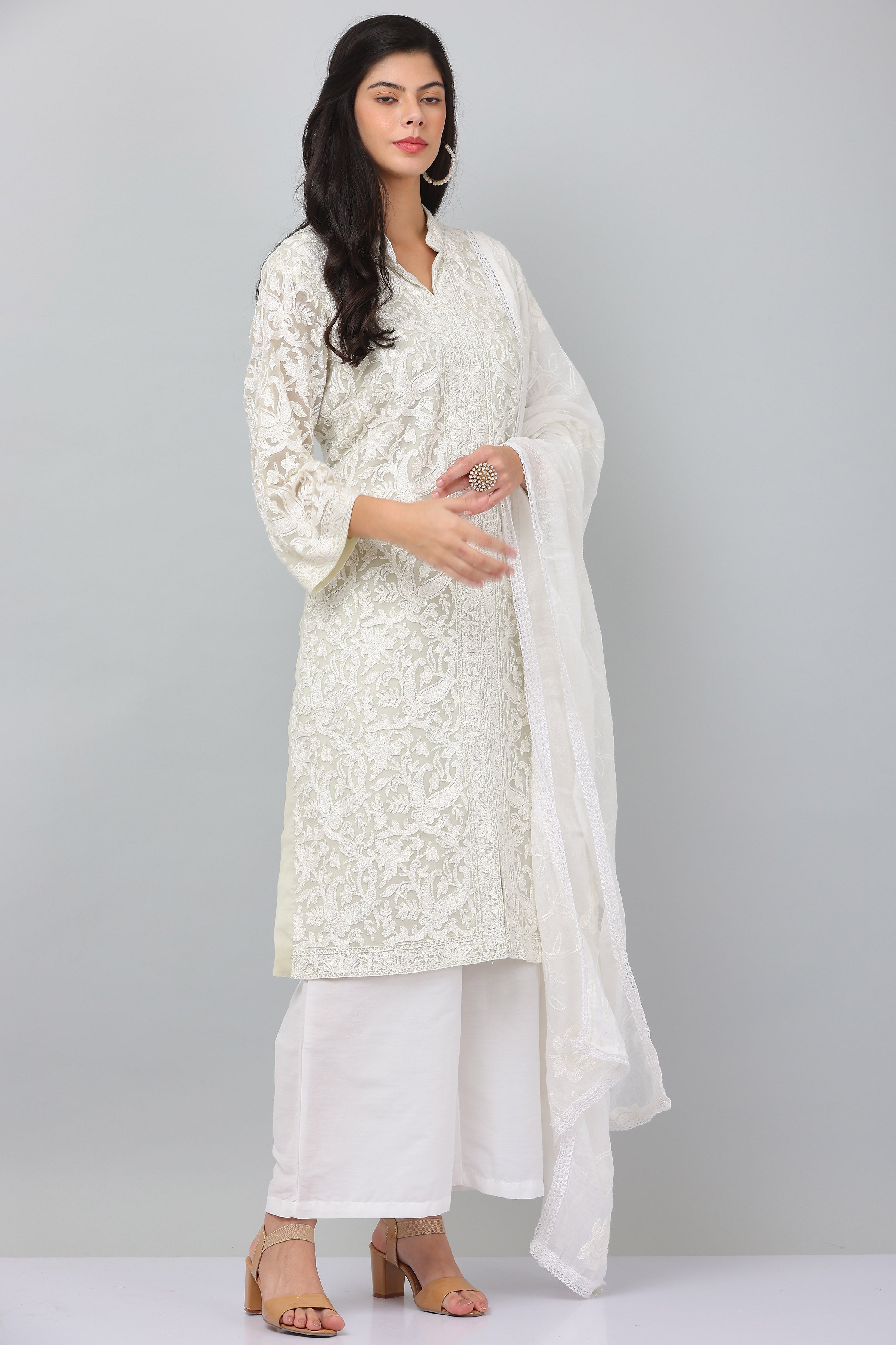 Kaanchie Nanggia Cream Georgette Embroidered Kurta & Dupatta with Pant (Set of 3)