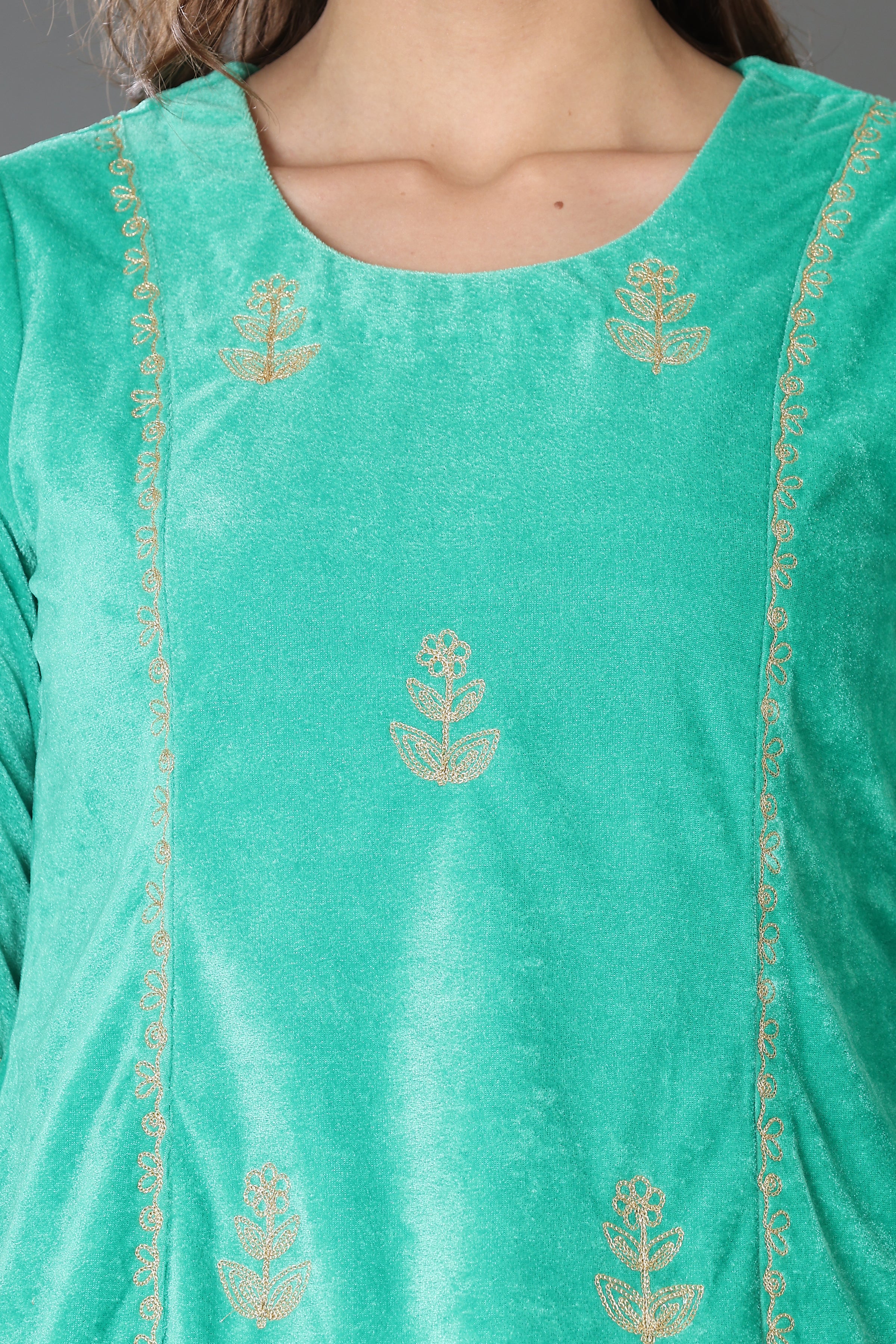 Kaanchie Nanggia Green Velvet Embroidered Kurta Palazzo and Dupatta (Set of 3)