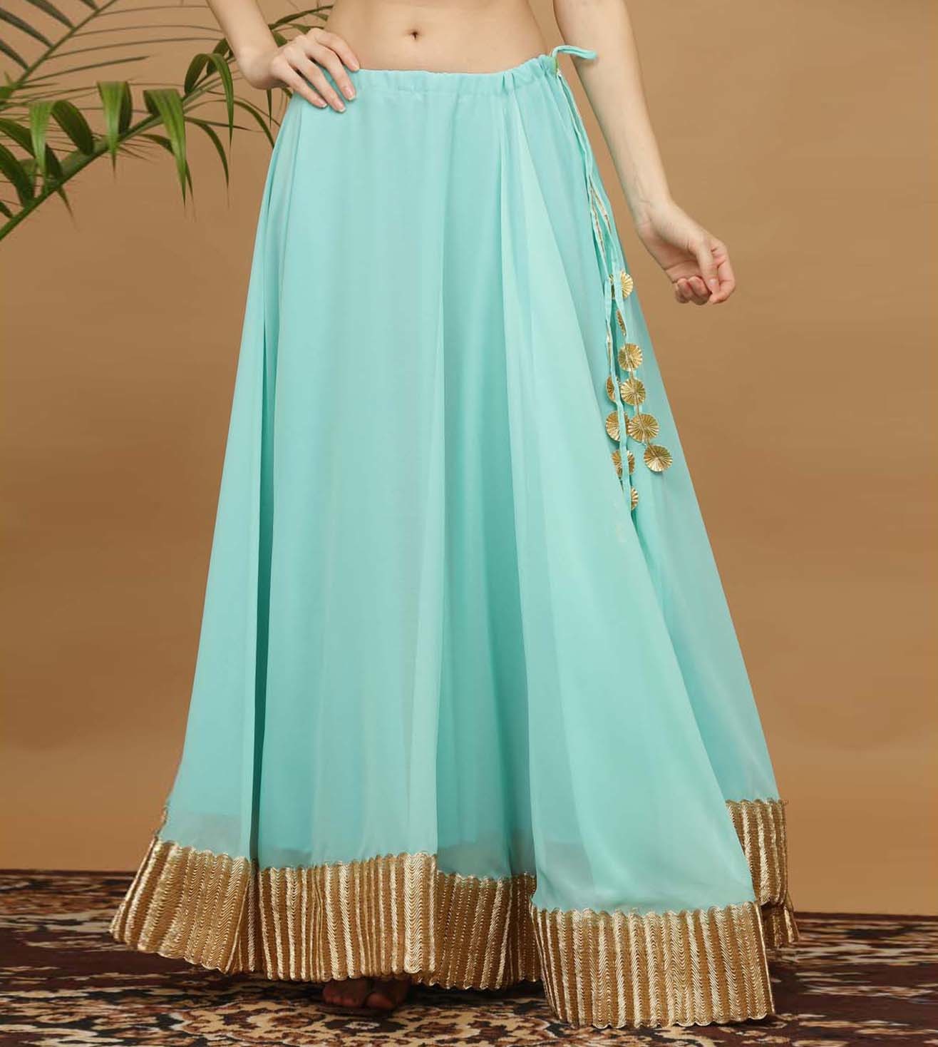 Kaanchie Nanggia Turquoise Embroidery Georgette Kurta with Skirt & Dupatta(Set of 3)