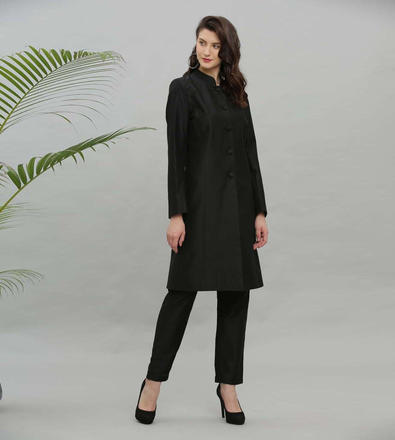 Kaanchie Nanggia Black Solid Jacket Kurta And Pant - (Set of 2)