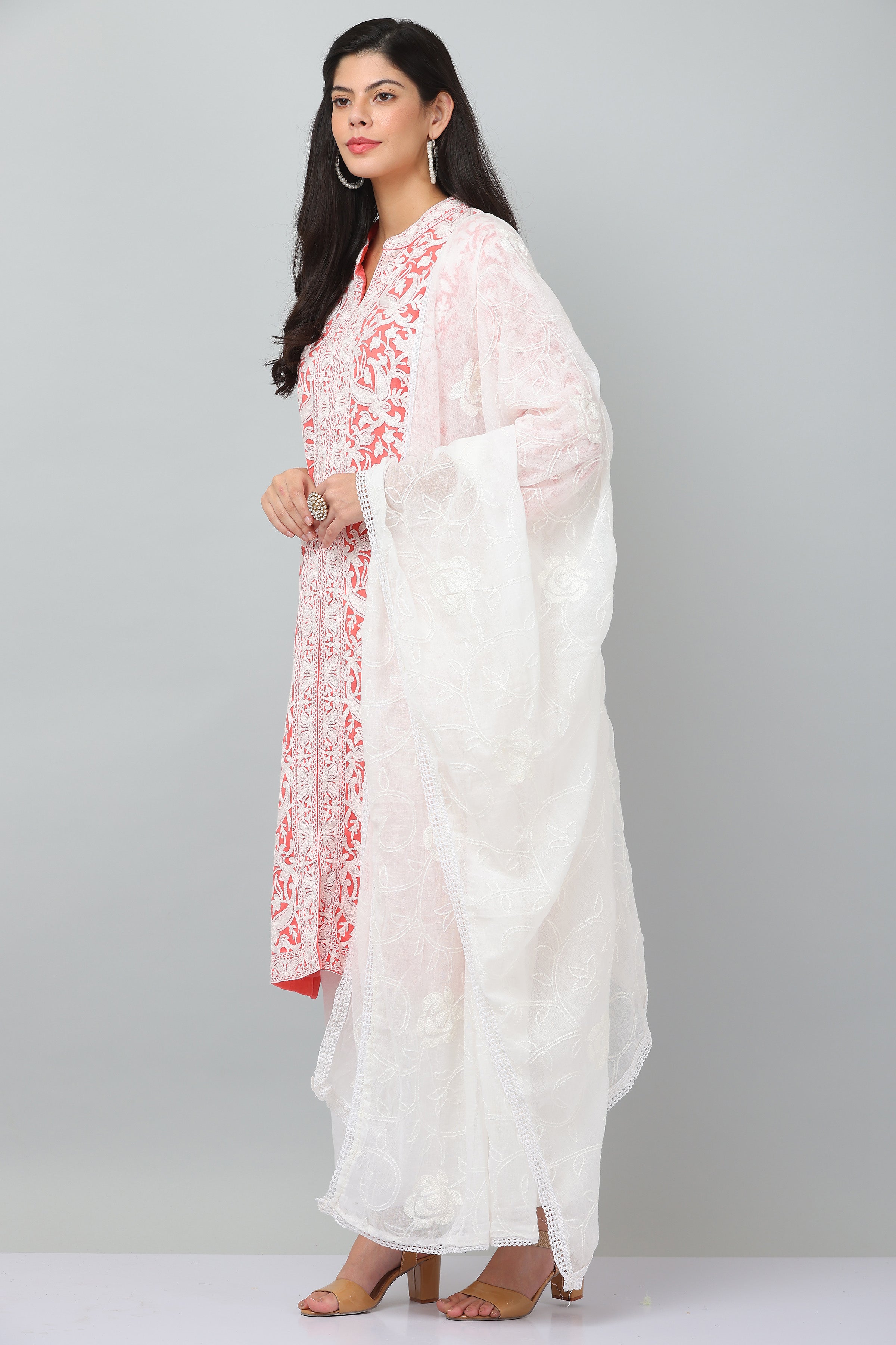 Kaanchie Nanggia Peach Georgette Embroidered Kurta & Dupatta with Pant (Set of 3)