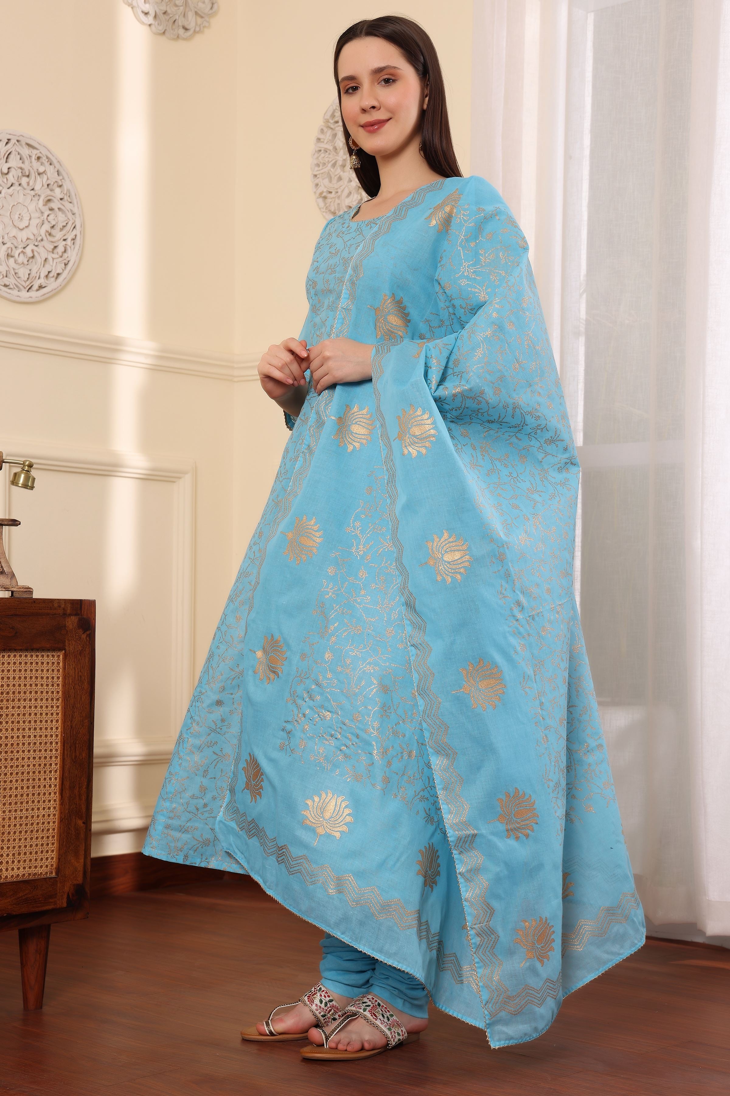 Kaanchie Nanggia Blue Printed Kalidar Kurta Dupatta with Churidar (Set of 3)