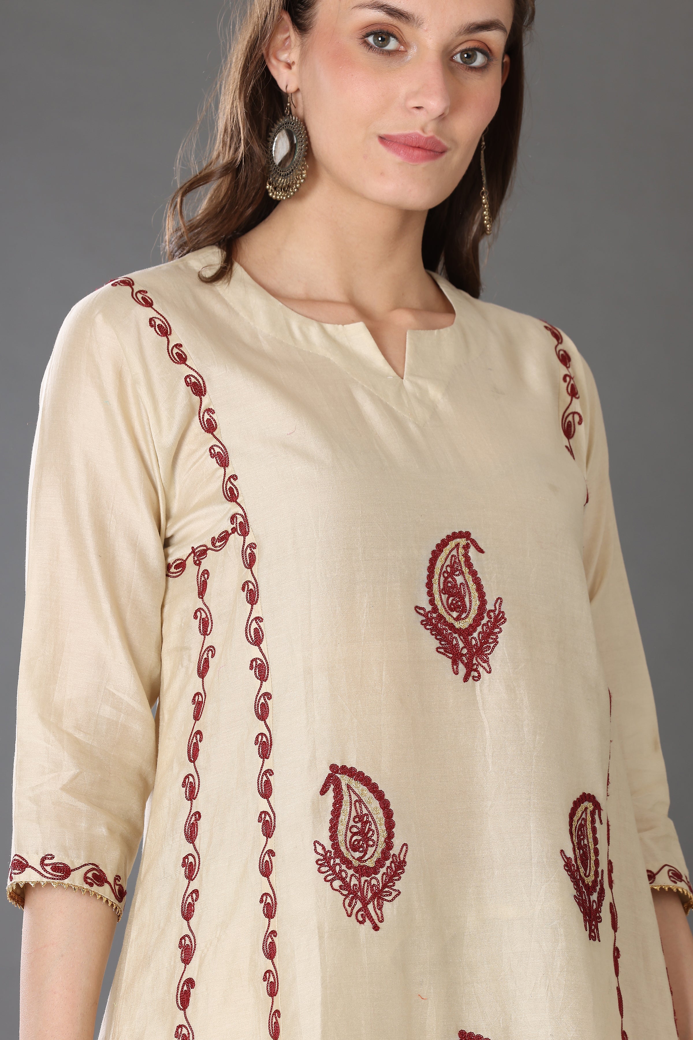 Kaanchie Nanggia Beige Embroidered Cotton Silk Kurta Palazzo (Set of 2)