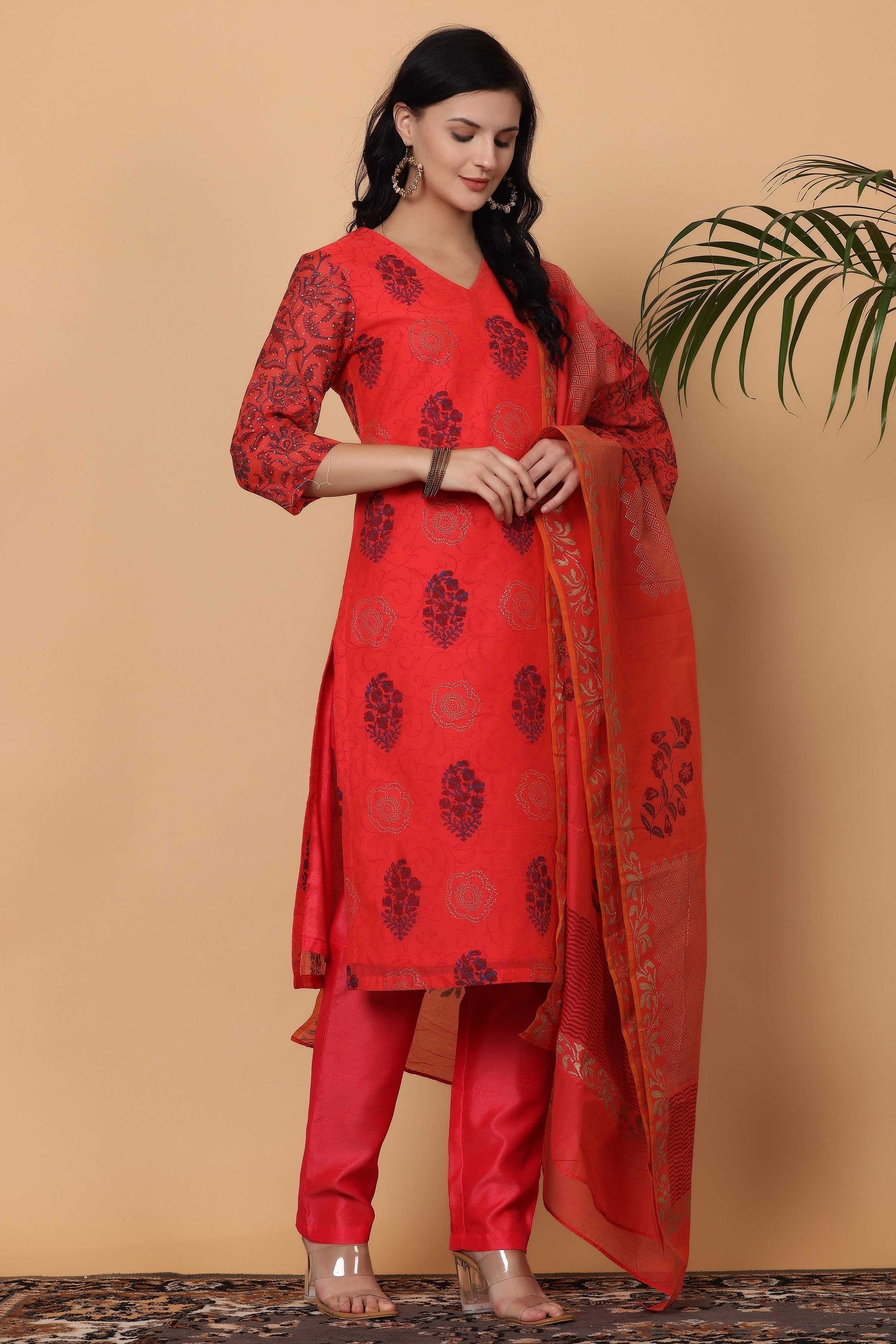 Kaanchie Nanggia Red Chanderi Printed Kurta Dupatta with Pants (Set of 3)