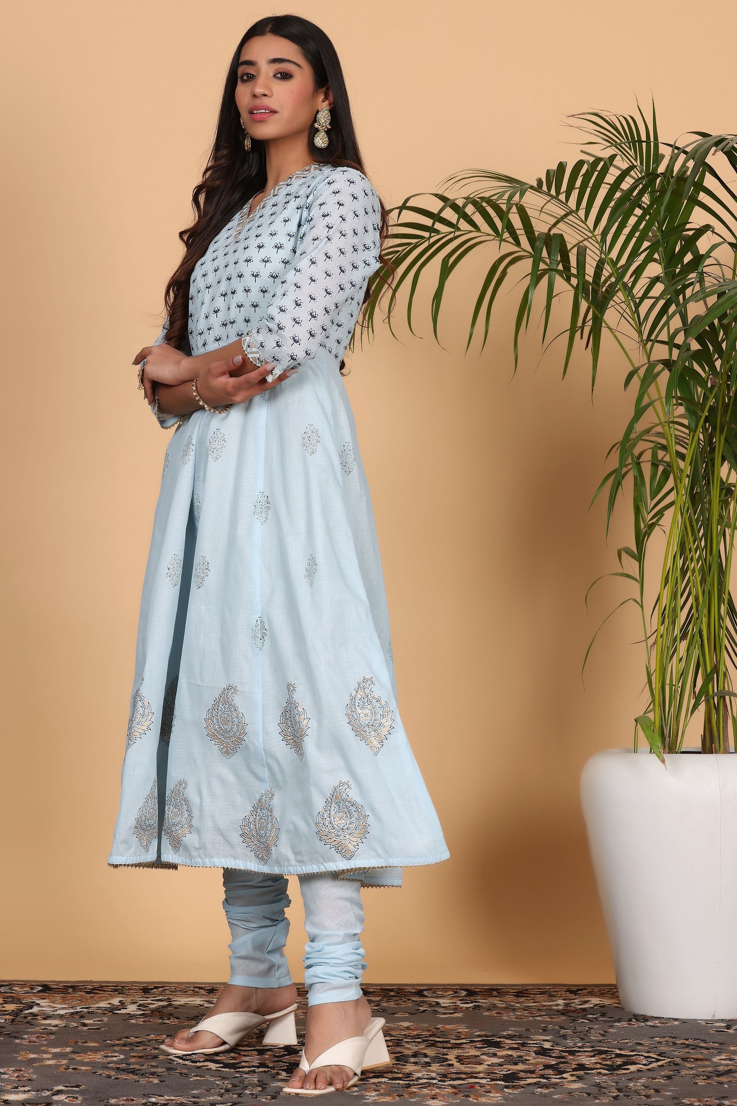 Kaanchie Nanggia Blue Printed Anarkali Kurta Dupatta with Churidar (Set of 3)