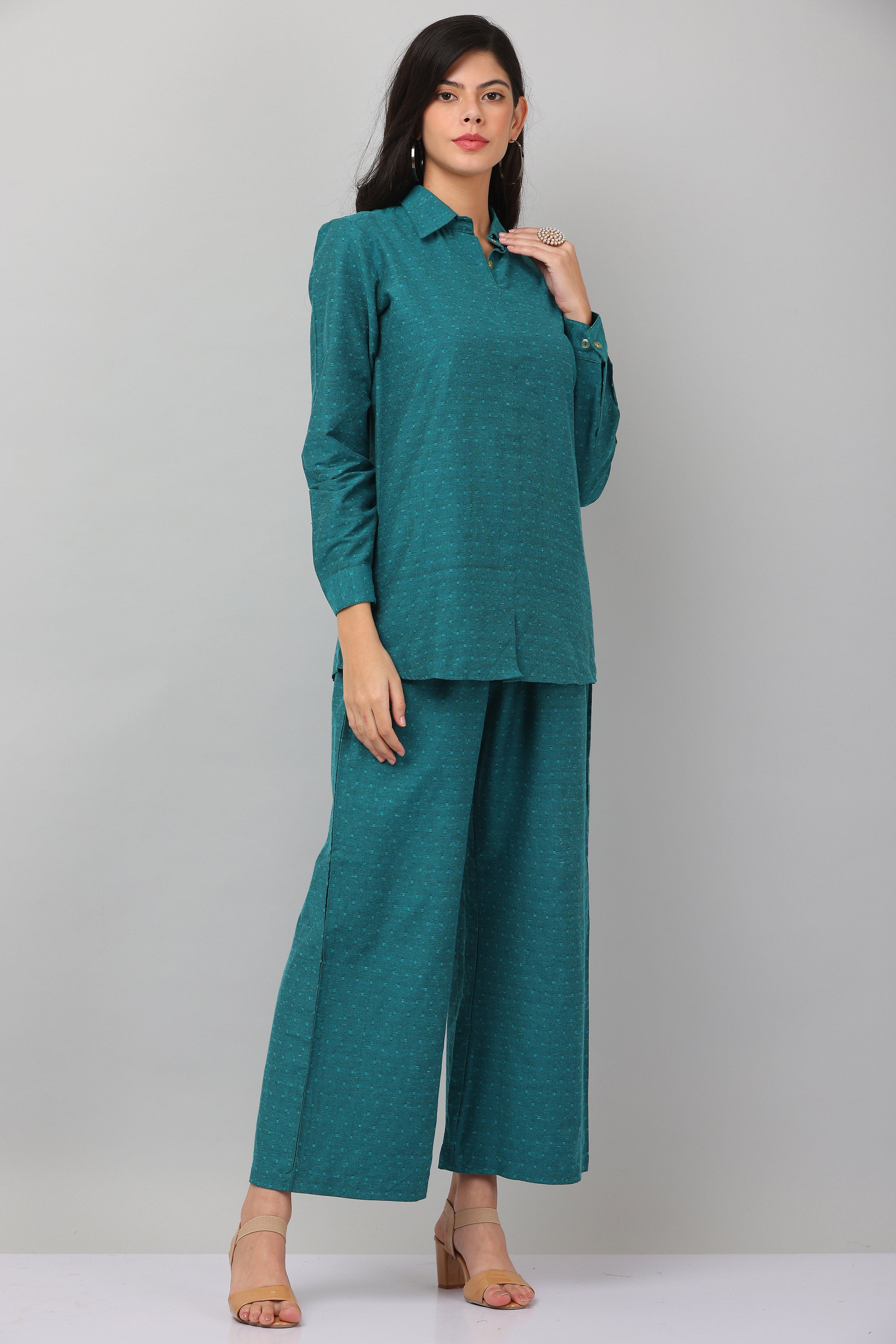 Kaanchie Nanggia Green Causal Wear Shirt & Pants (Set of 2)