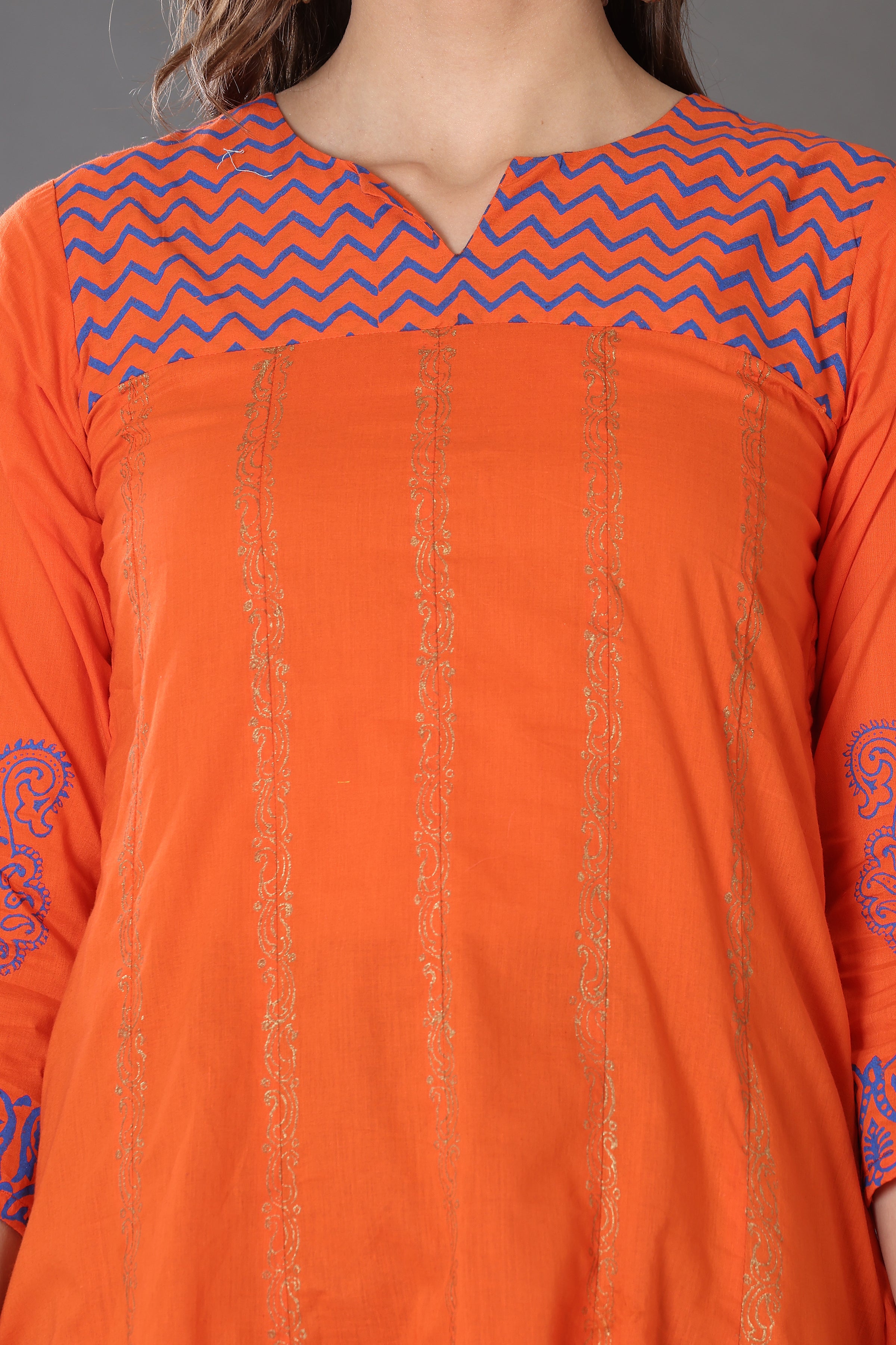 Kaanchie Nanggia Orange Block Printed Anarkali with Leggings and Dupatta (Set of 3)