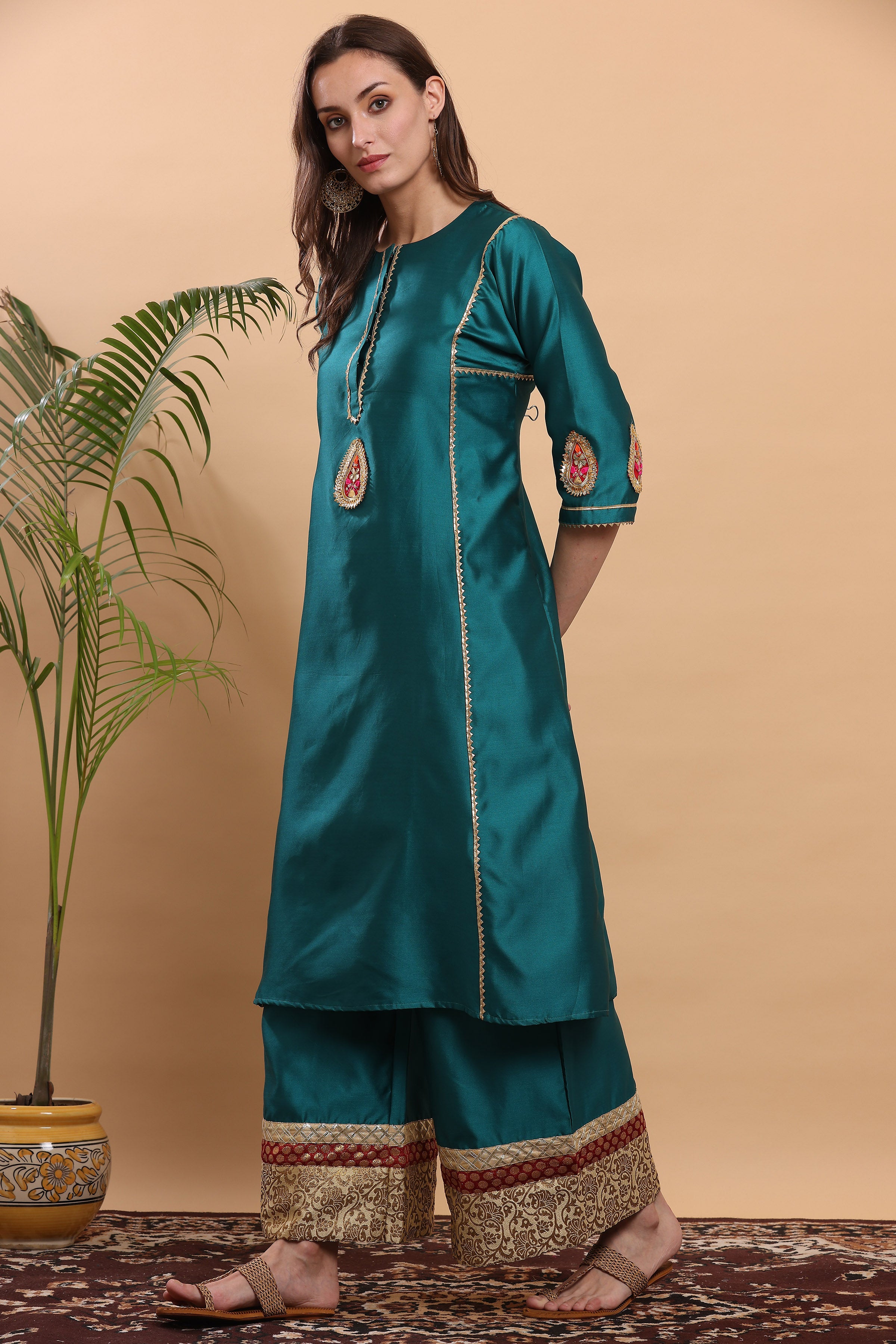 Kaanchie Nanggia Teal Flayred Gota Work Kurta Palazzo (Set of 2)