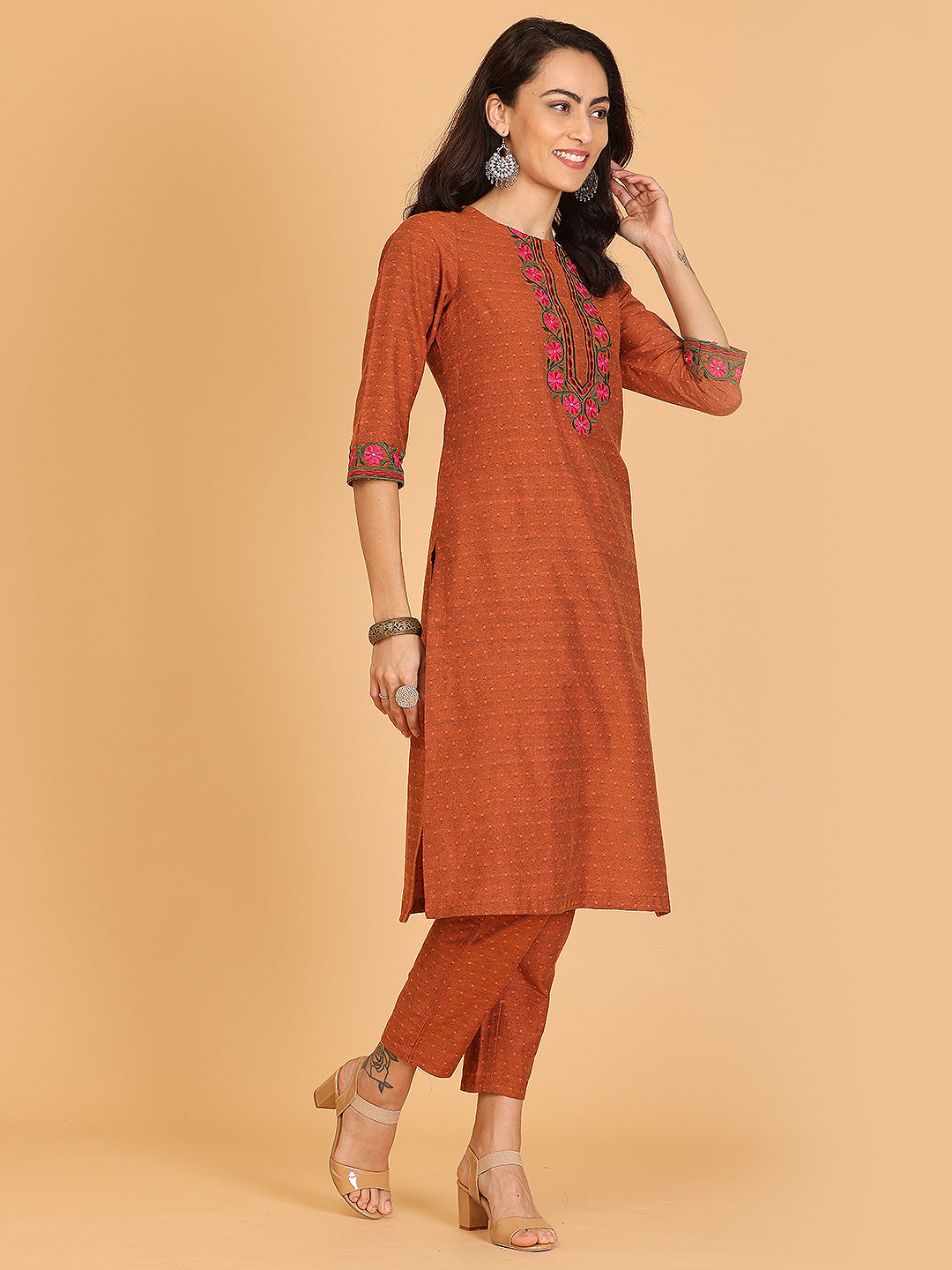 Kaanchie Nanggia Brown Embroidered A-Line Kurta with Pant (Set of 2)