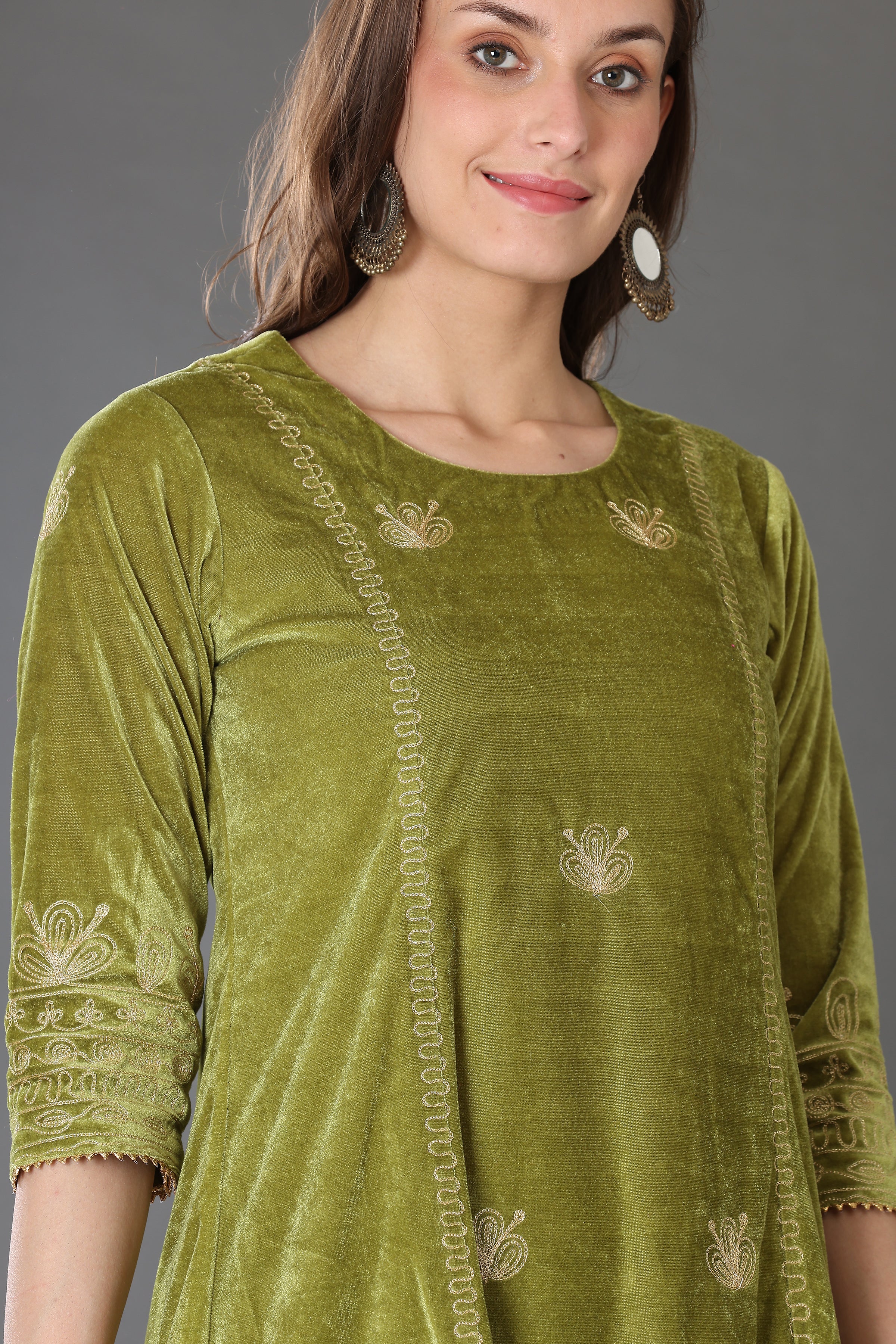 Kaanchie Nanggia Green Velvet Embroidered Party Wear Kurta with Palazzo (Set of 2)