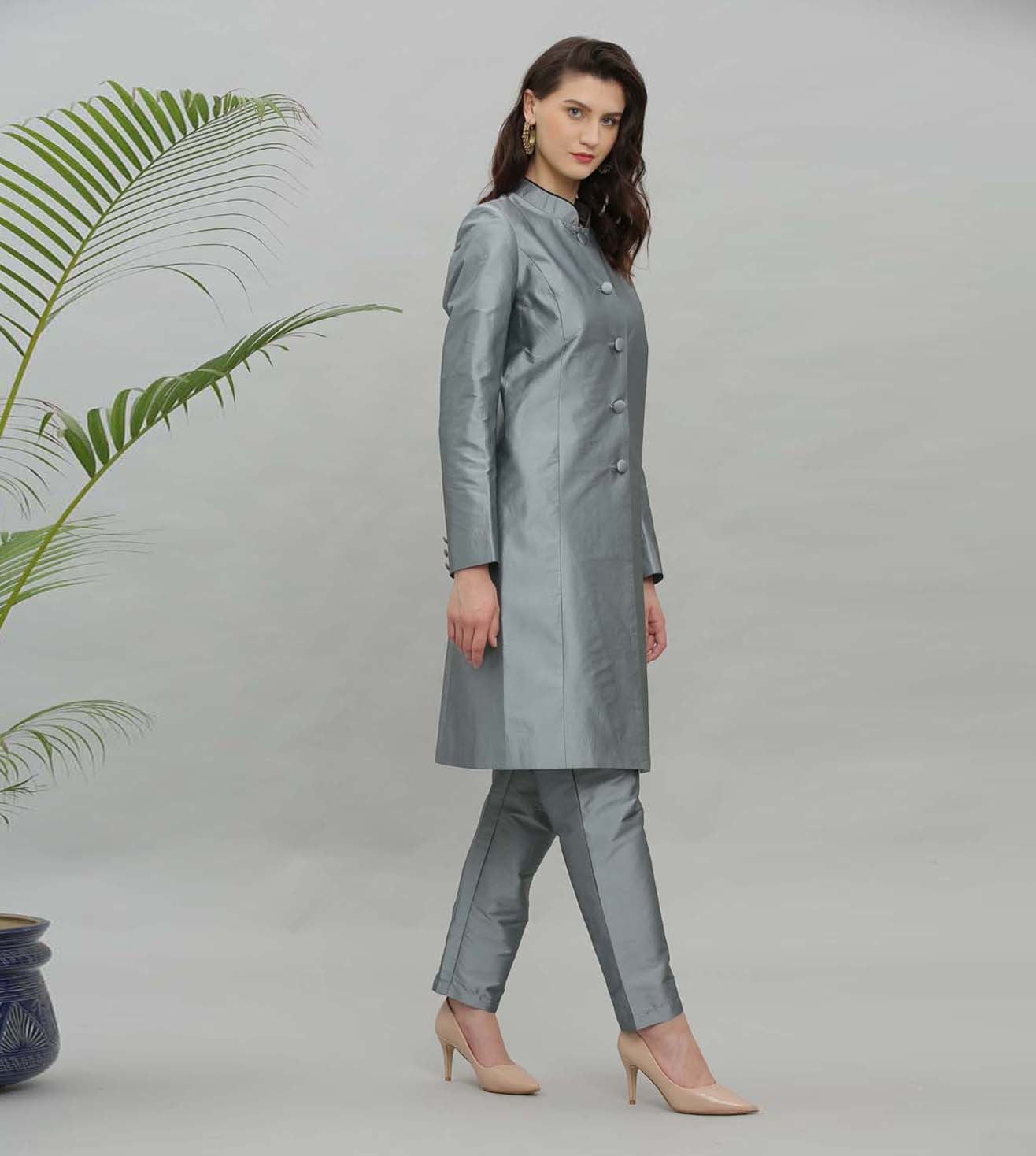 Kaanchie Nanggia Grey Solid Jacket Kurta And Pant - (Set of 2)