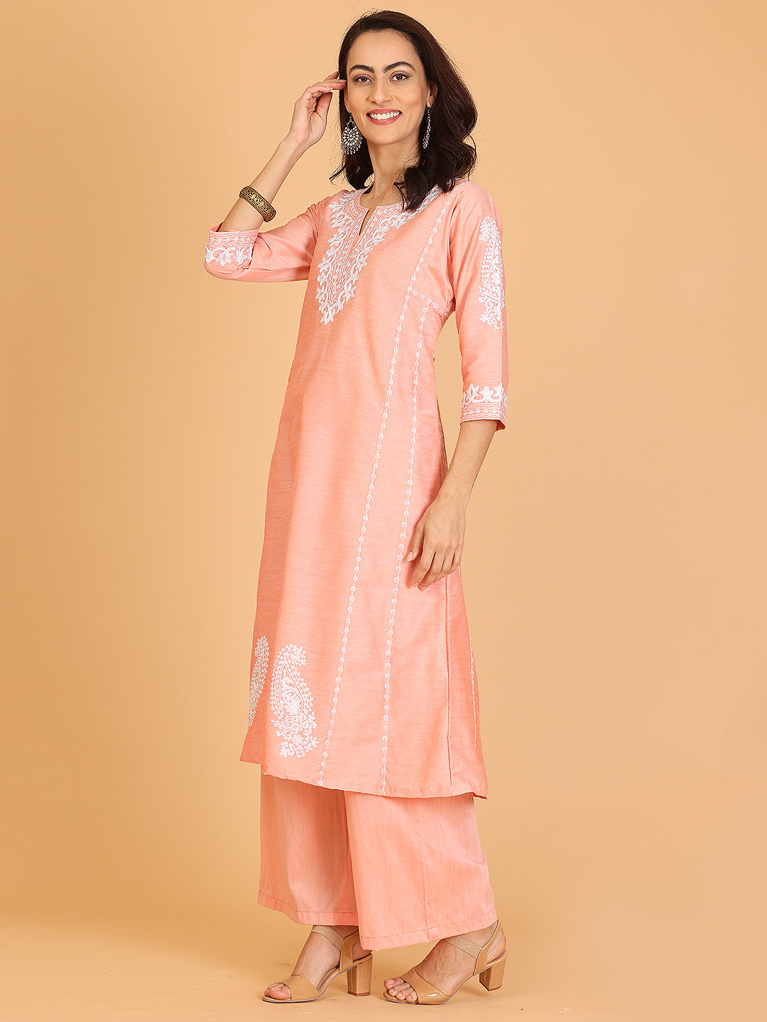 Kaanchie Nanggia Peach Embroidered Cotton Silk Flayred Kurta and Palazzo (Set of 2)