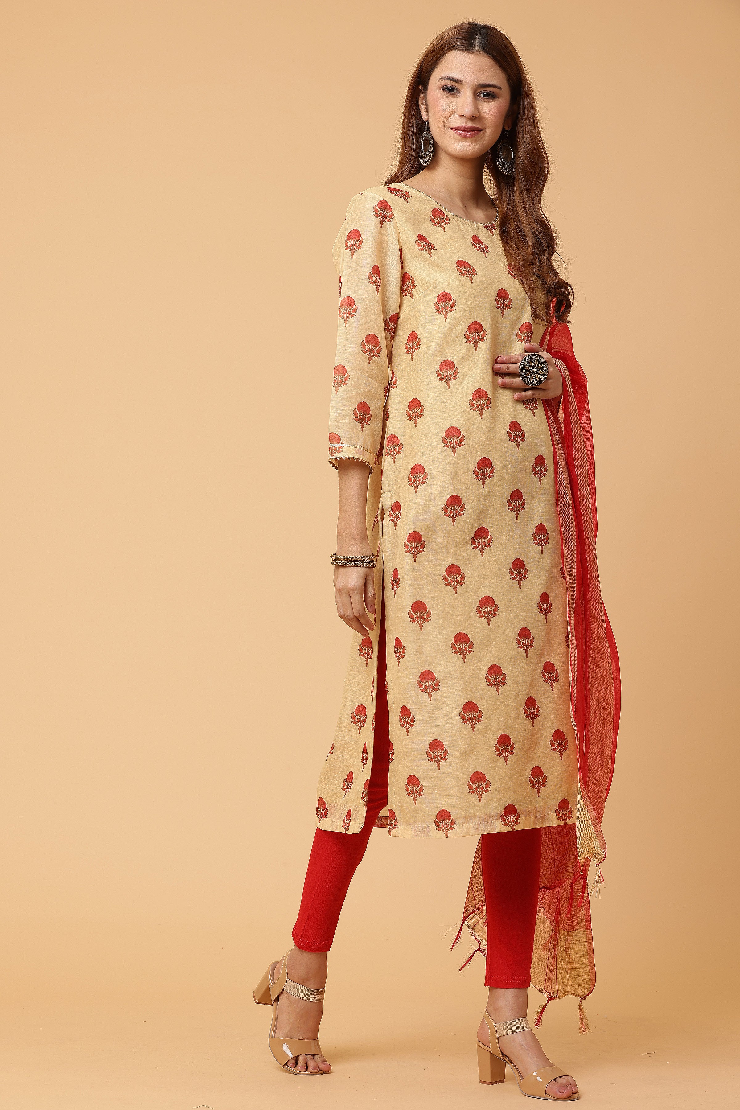 Kaanchie Nanggia Beige Digital Printed Kurta Legging with Dupatta (Set of 3)